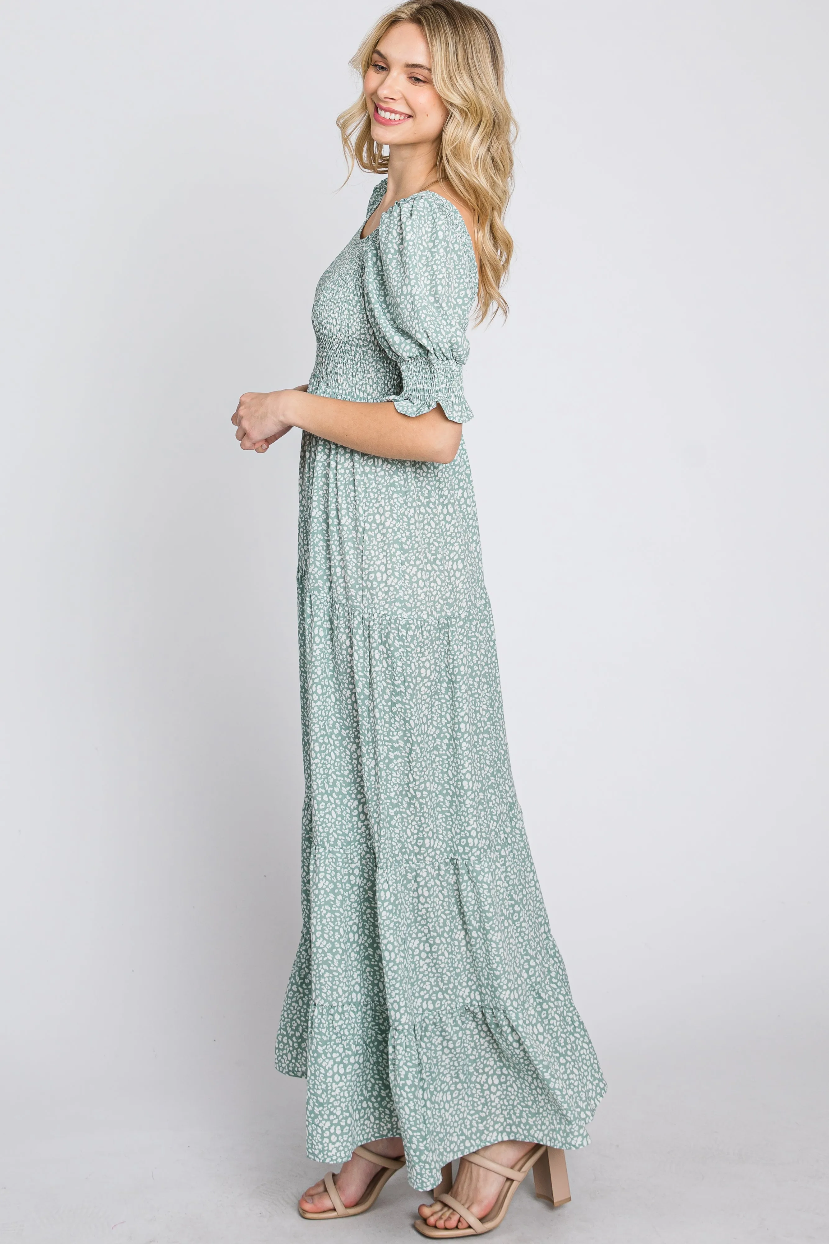 Mint Animal Print Smocked Tiered Maxi Dress sold by Pinkblush product image thumbnail 4