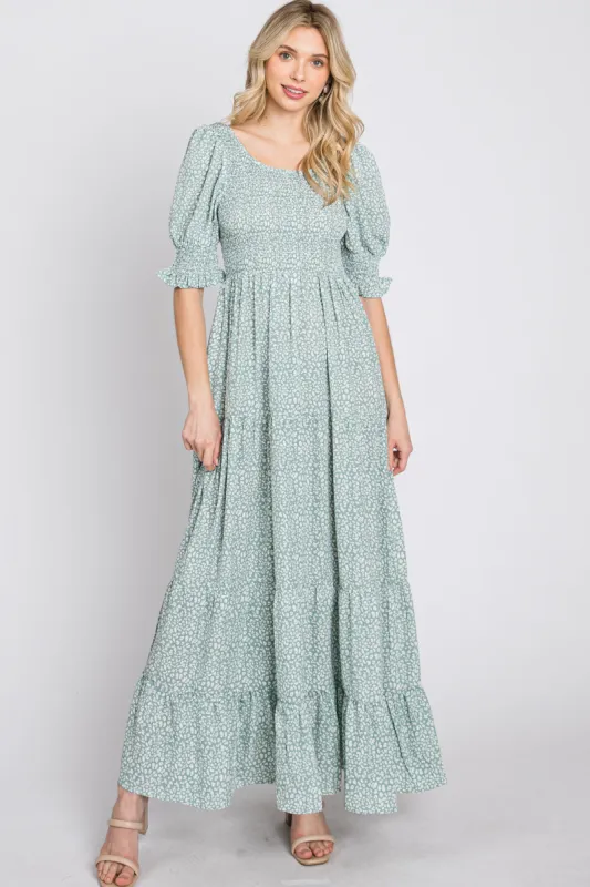Mint Animal Print Smocked Tiered Maxi Dress sold by Pinkblush