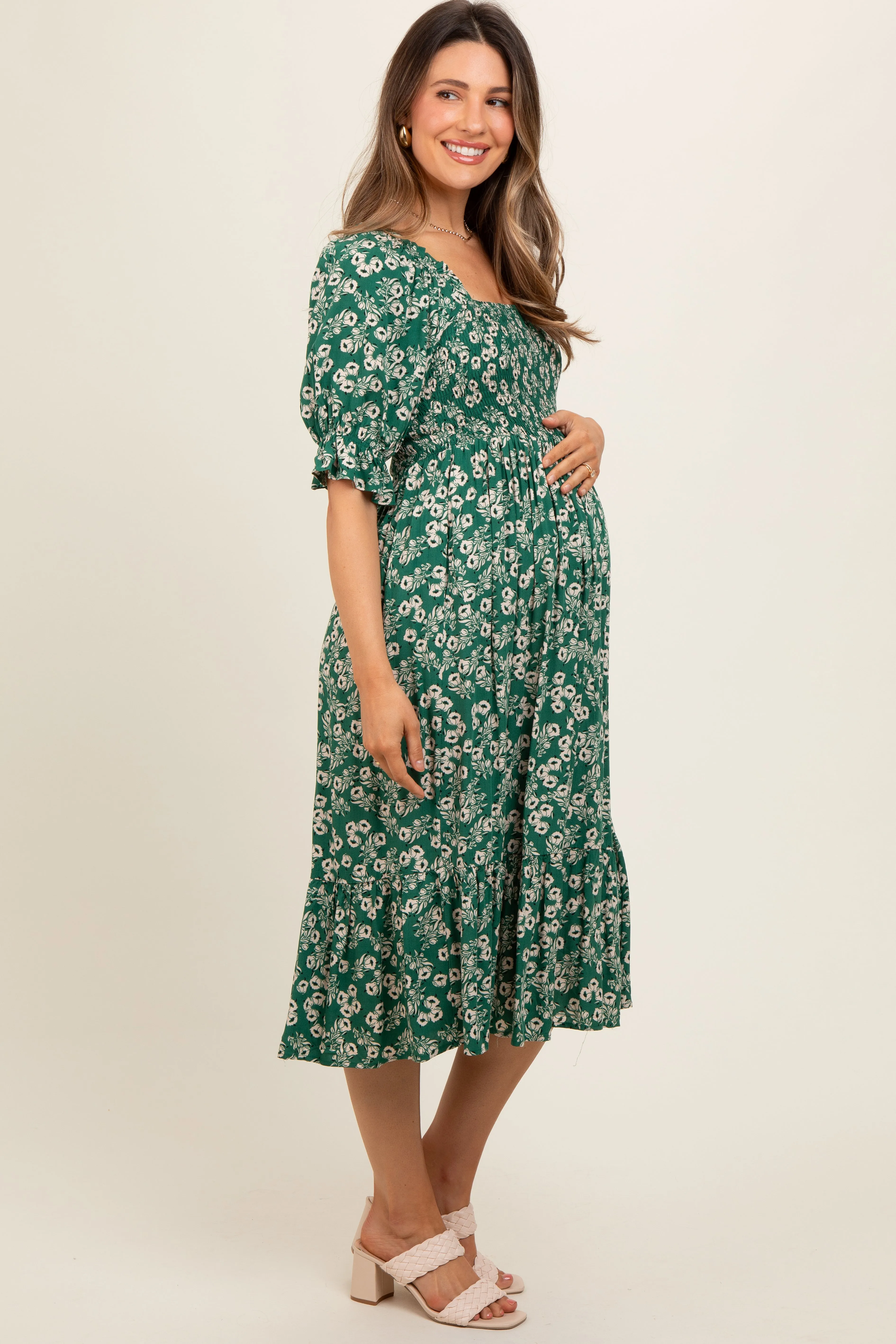 Green Square Neck Smocked Maternity Dress sold by Pinkblush product image thumbnail 3