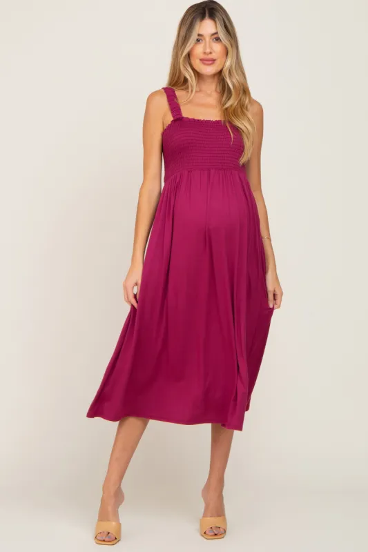 Magenta Smocked Ruffle Strap Maternity Midi Dress sold by Pinkblush