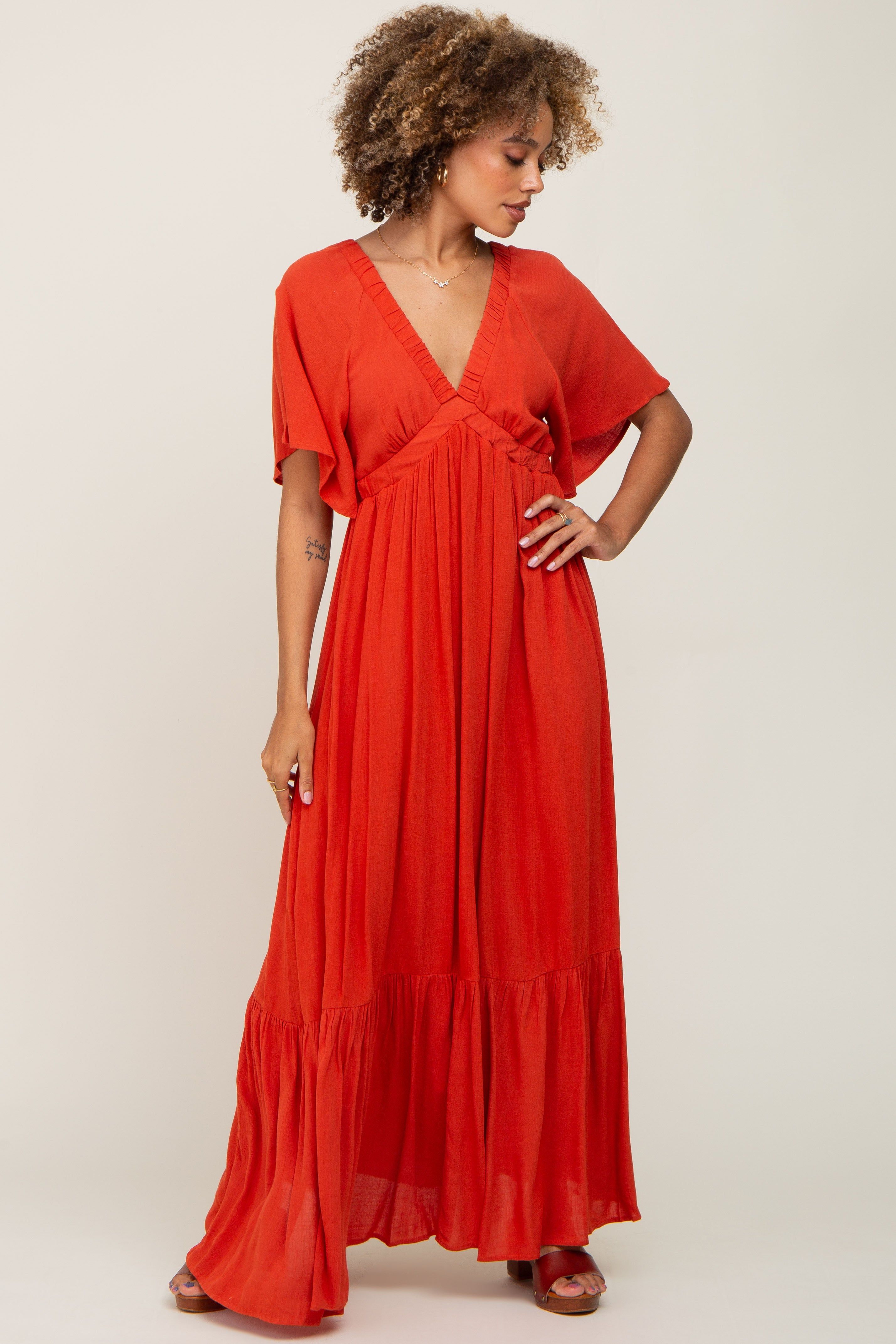 Rust V-Neck Flounce Sleeve Maxi Dress sold by Pinkblush product image thumbnail 4