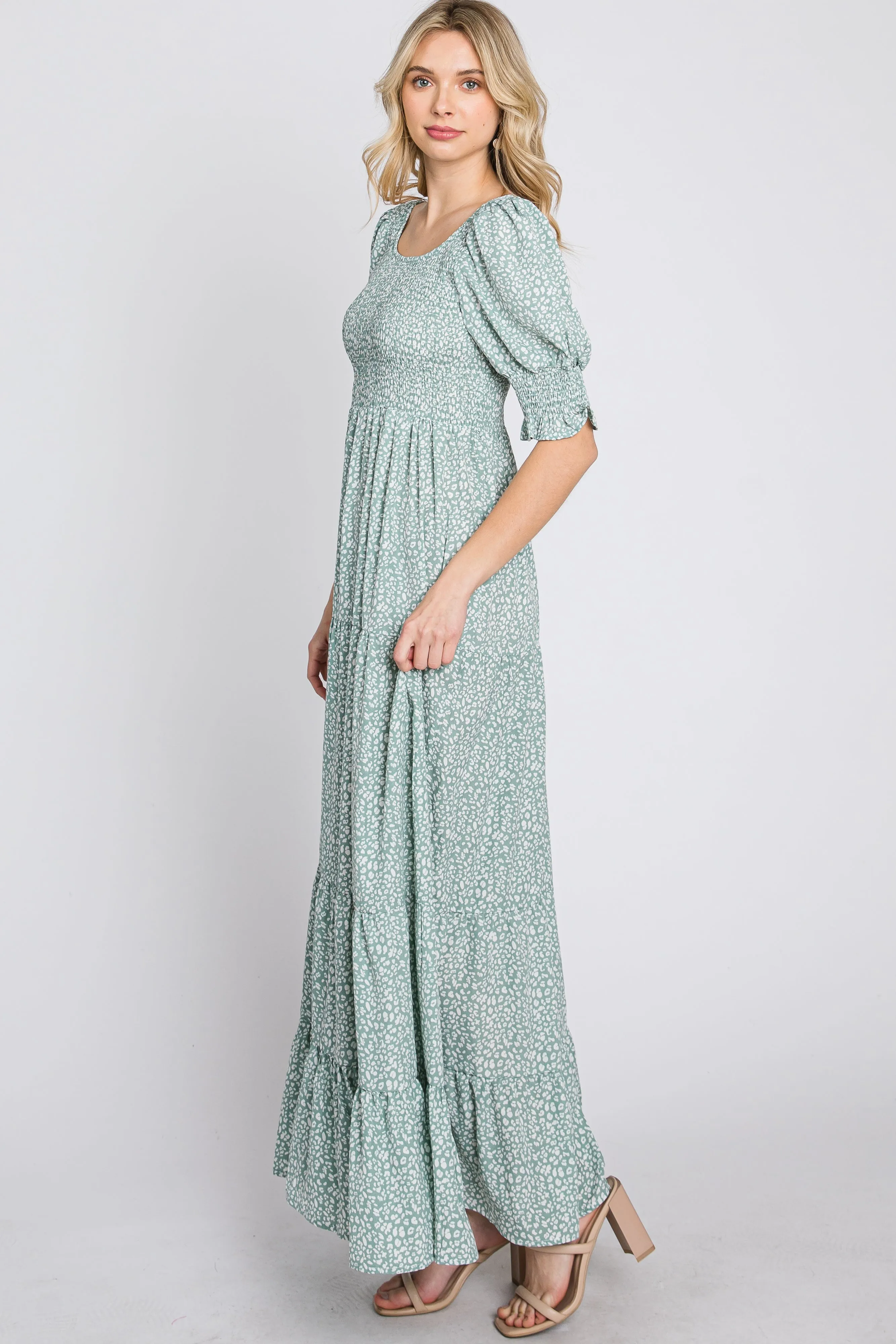 Mint Animal Print Smocked Tiered Maxi Dress sold by Pinkblush product image thumbnail 5