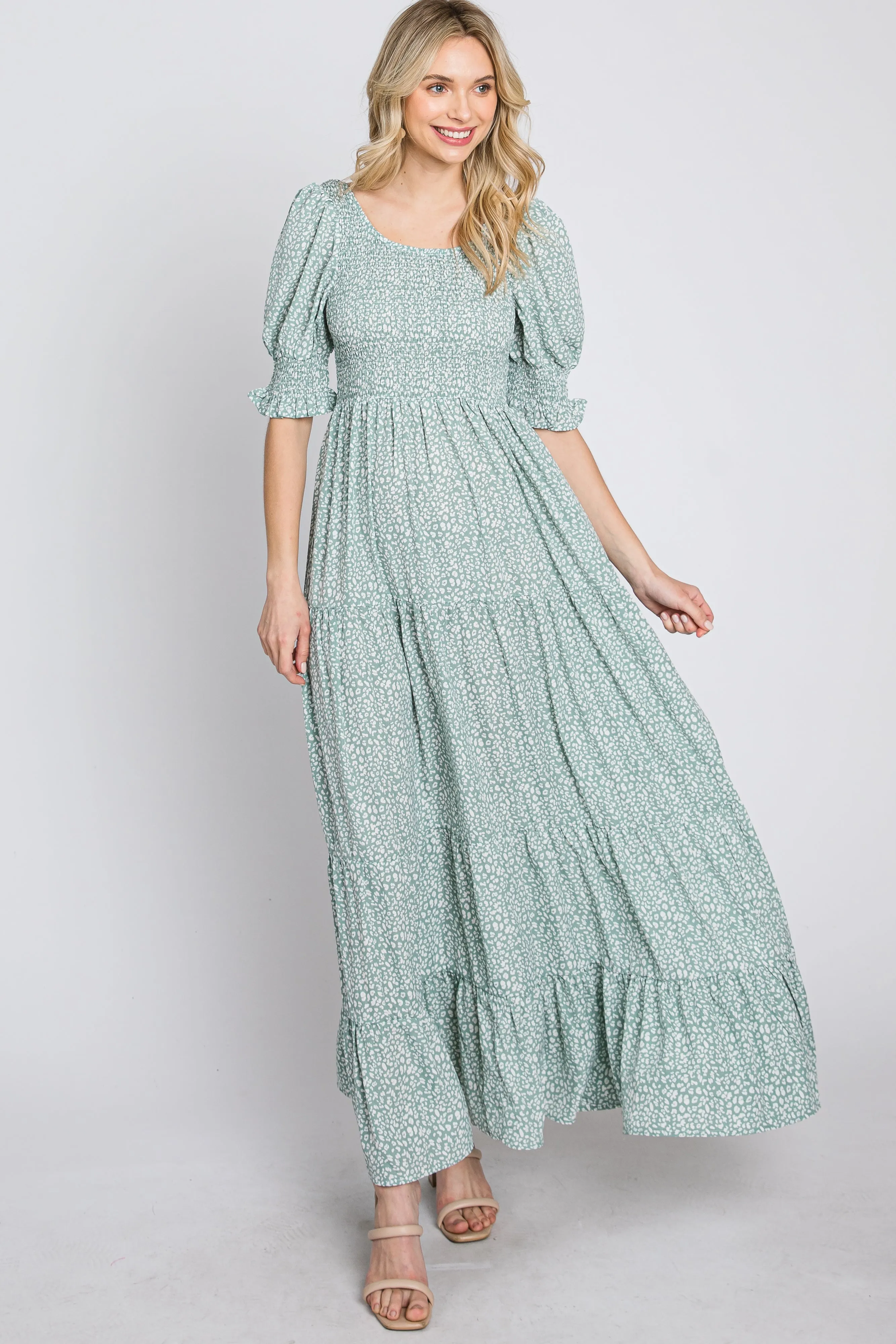Mint Animal Print Smocked Tiered Maxi Dress sold by Pinkblush product image thumbnail 2
