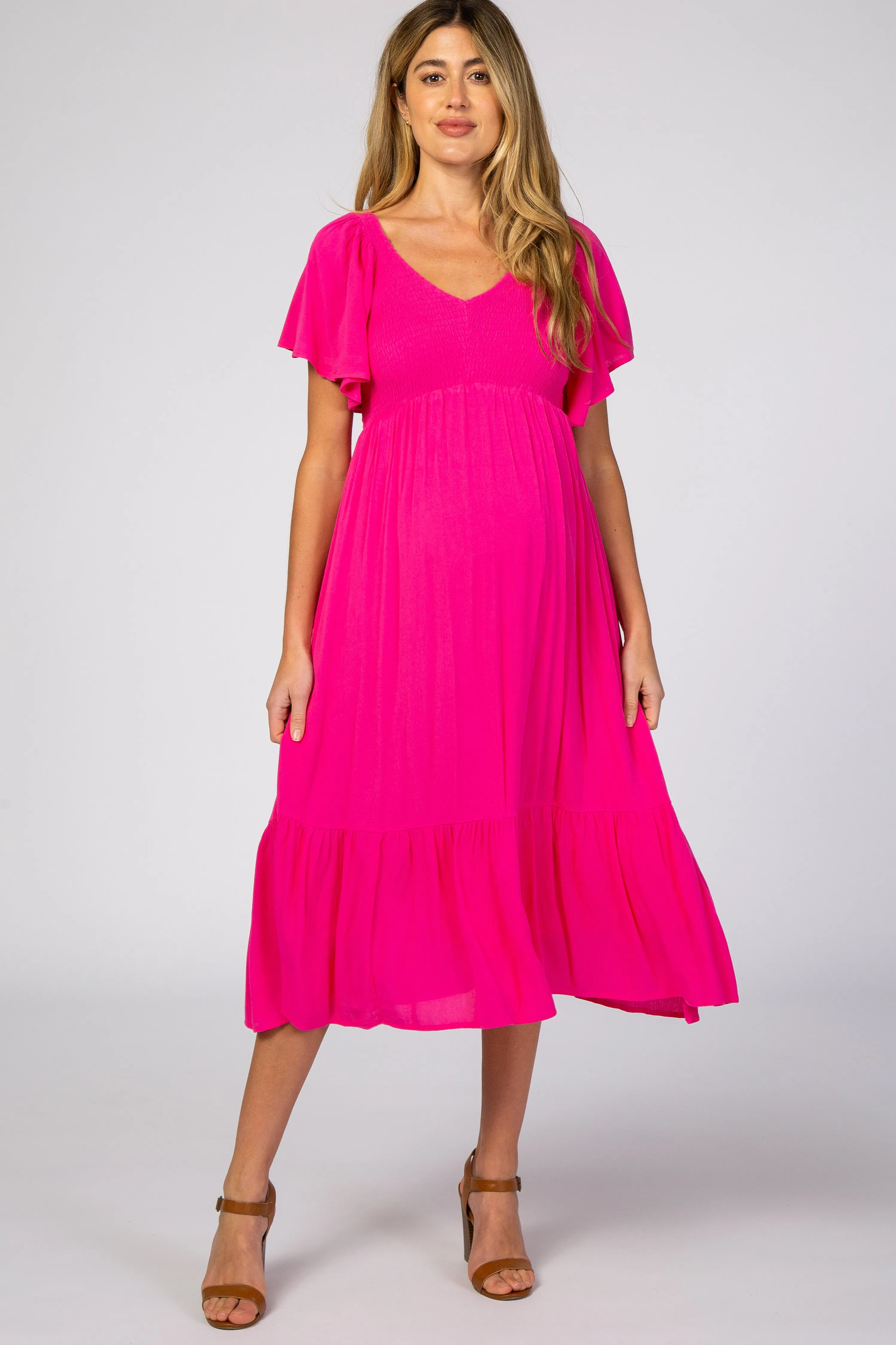 Fuchsia Smocked Ruffle Maternity Dress sold by Pinkblush