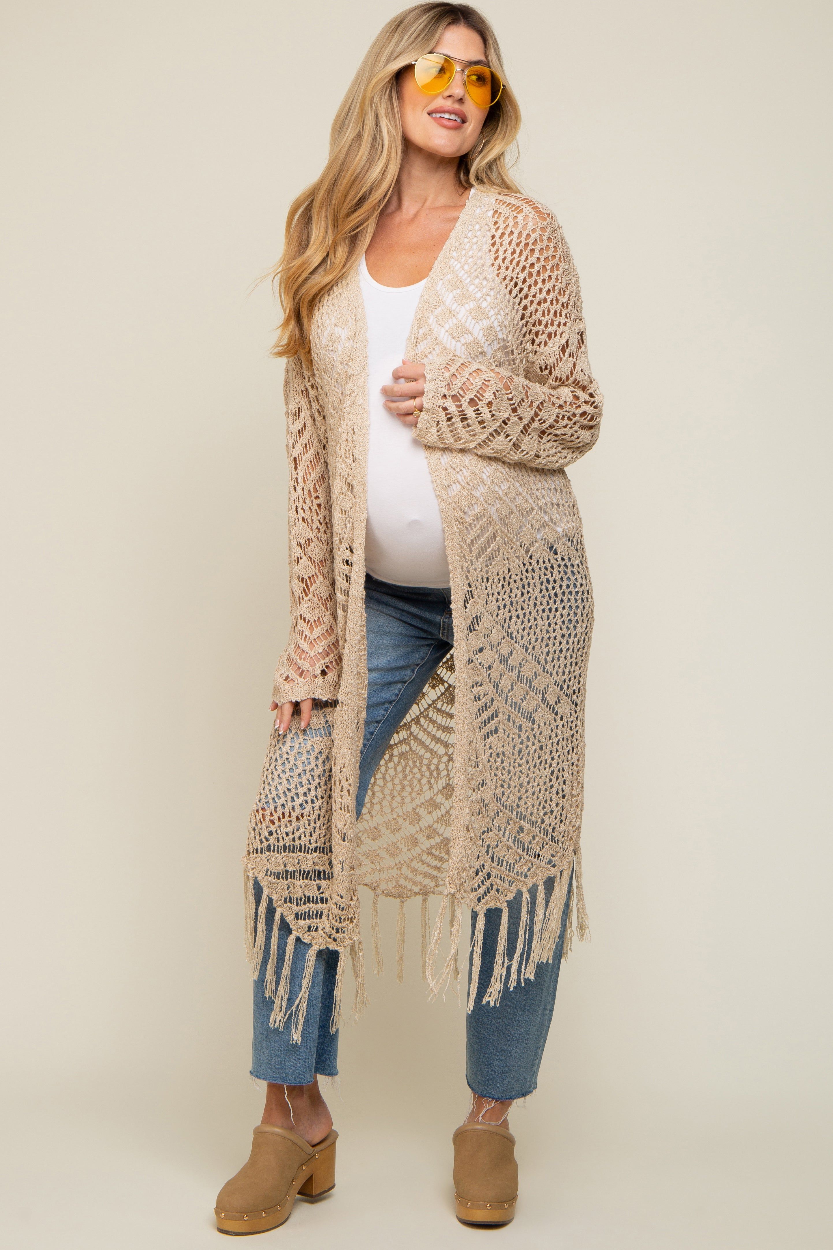 Beige Crochet Fringe Hem Maternity Cardigan sold by Pinkblush product image thumbnail 2