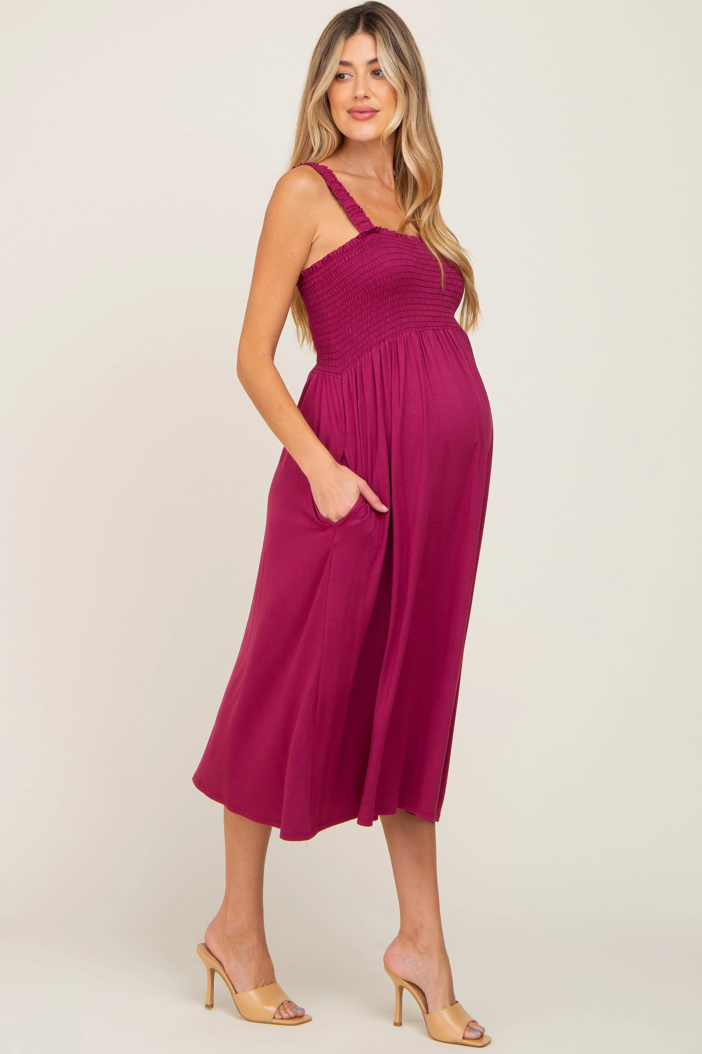 Magenta Smocked Ruffle Strap Maternity Midi Dress sold by Pinkblush product image thumbnail 2