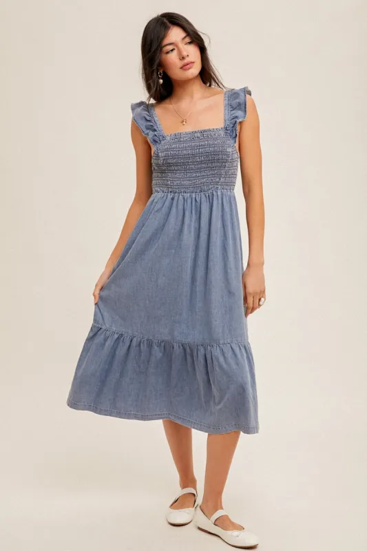Denim Smocked Ruffle Soft Denim Midi Dress sold by Pinkblush