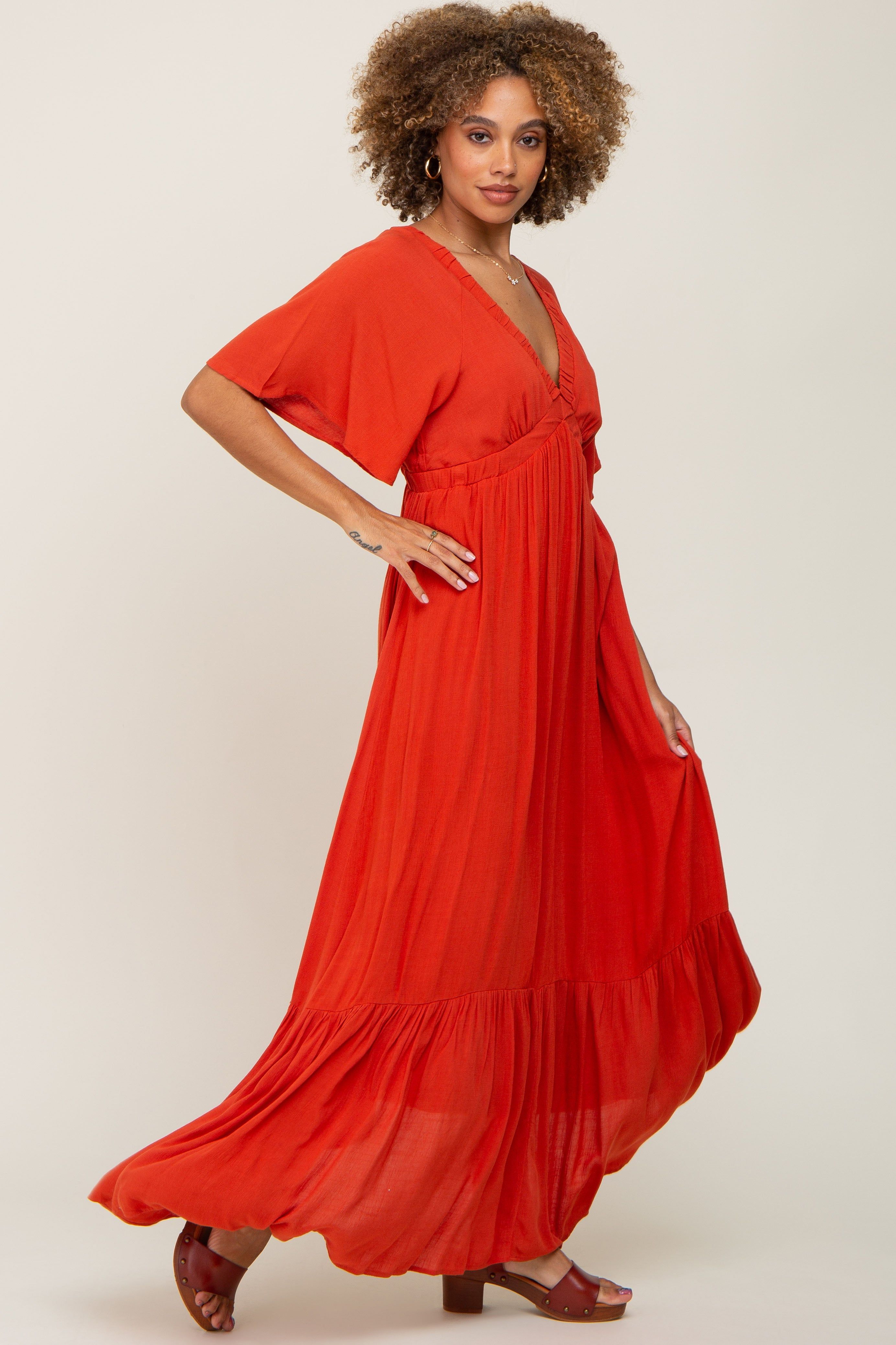 Rust V-Neck Flounce Sleeve Maxi Dress sold by Pinkblush product image thumbnail 2