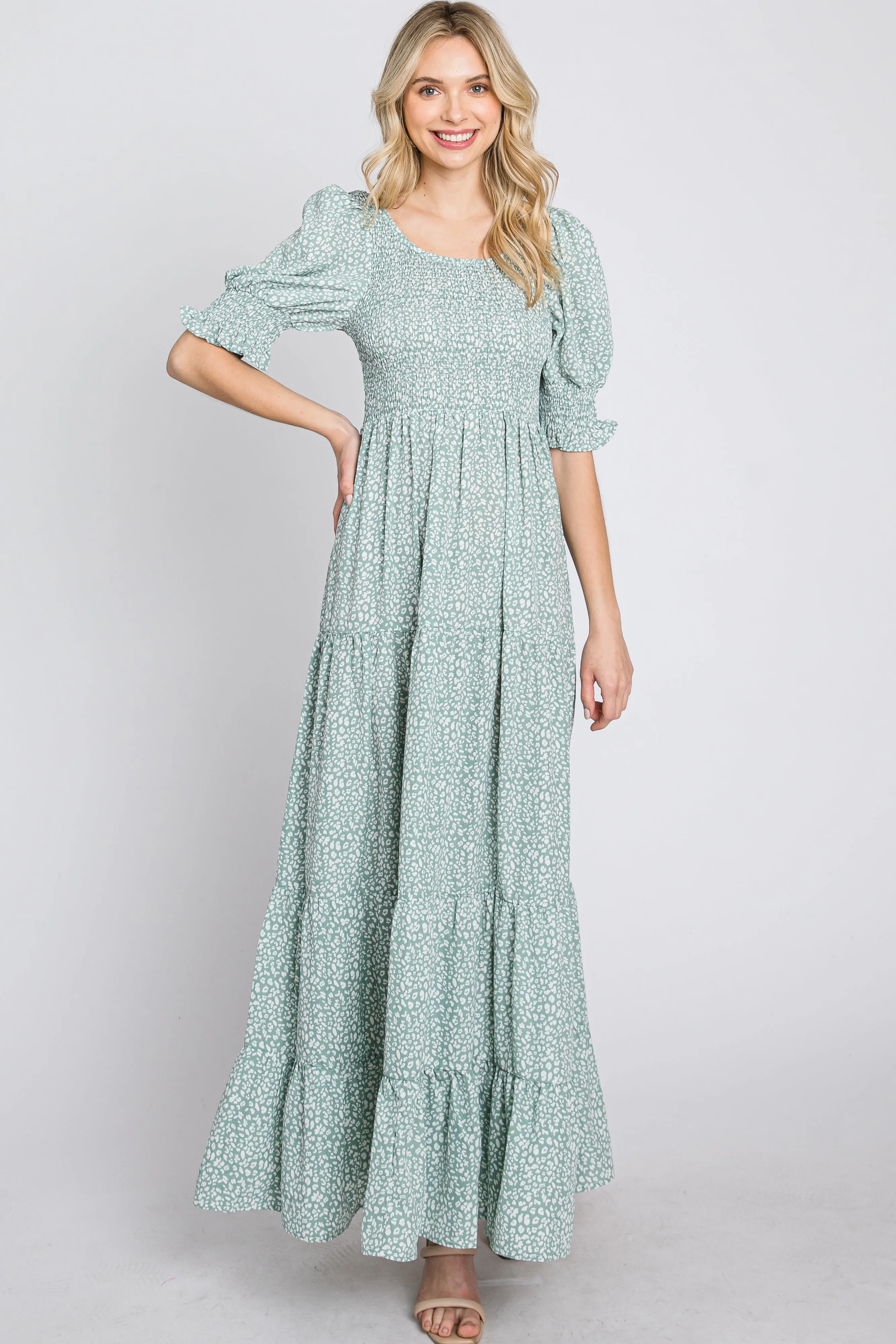 Mint Animal Print Smocked Tiered Maxi Dress sold by Pinkblush product image thumbnail 3