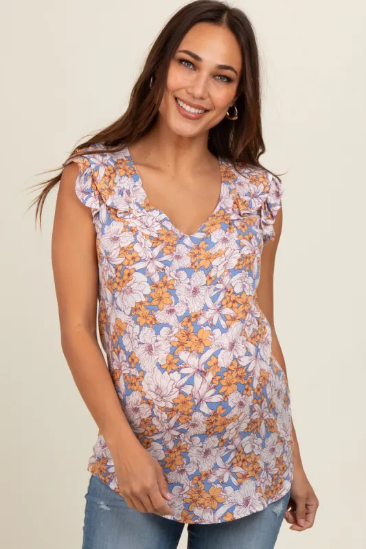 Blue Floral Ruffle Tie Maternity Blouse sold by Pinkblush