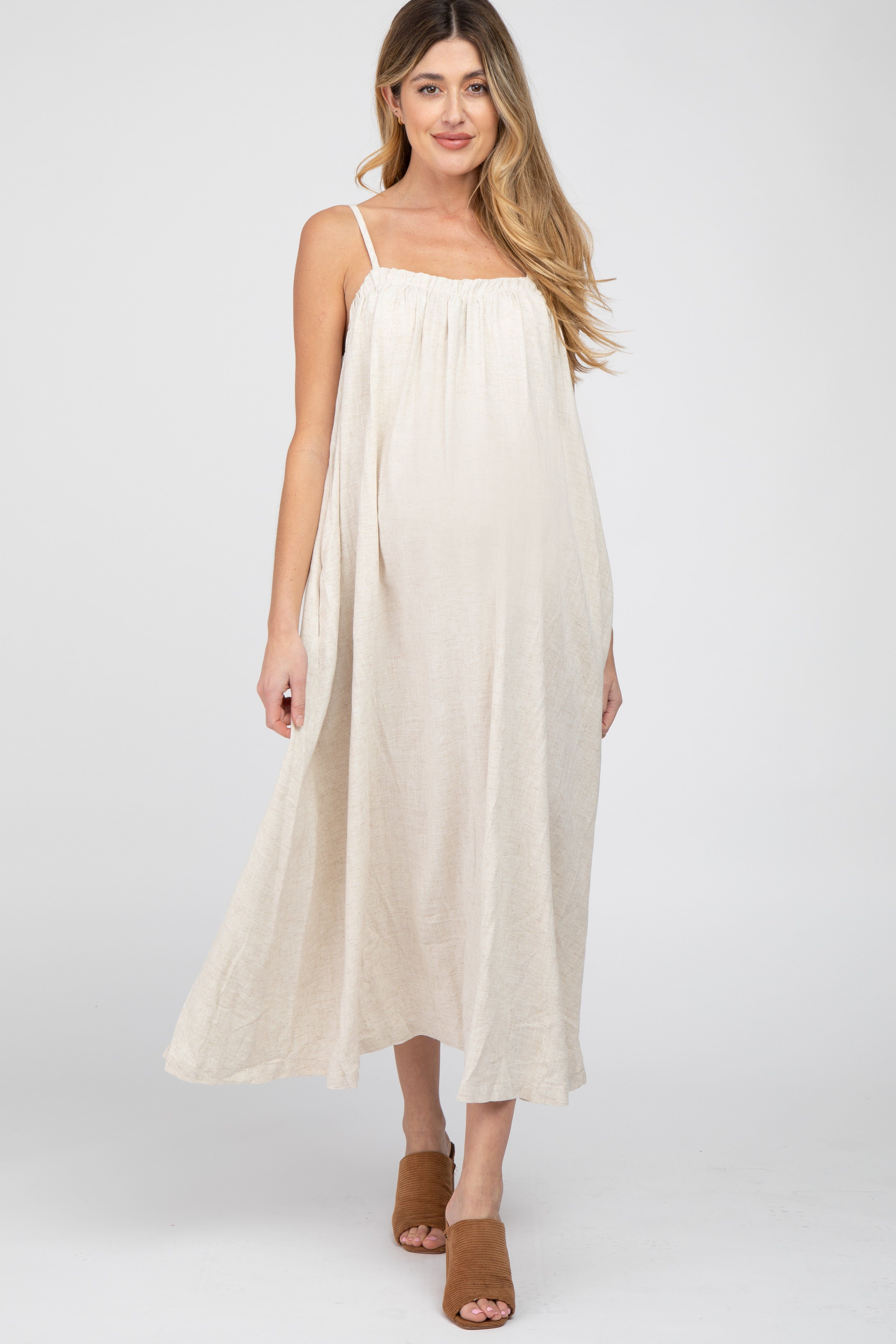 Beige Square Neck Linen Sleeveless Maternity Maxi Dress sold by Pinkblush