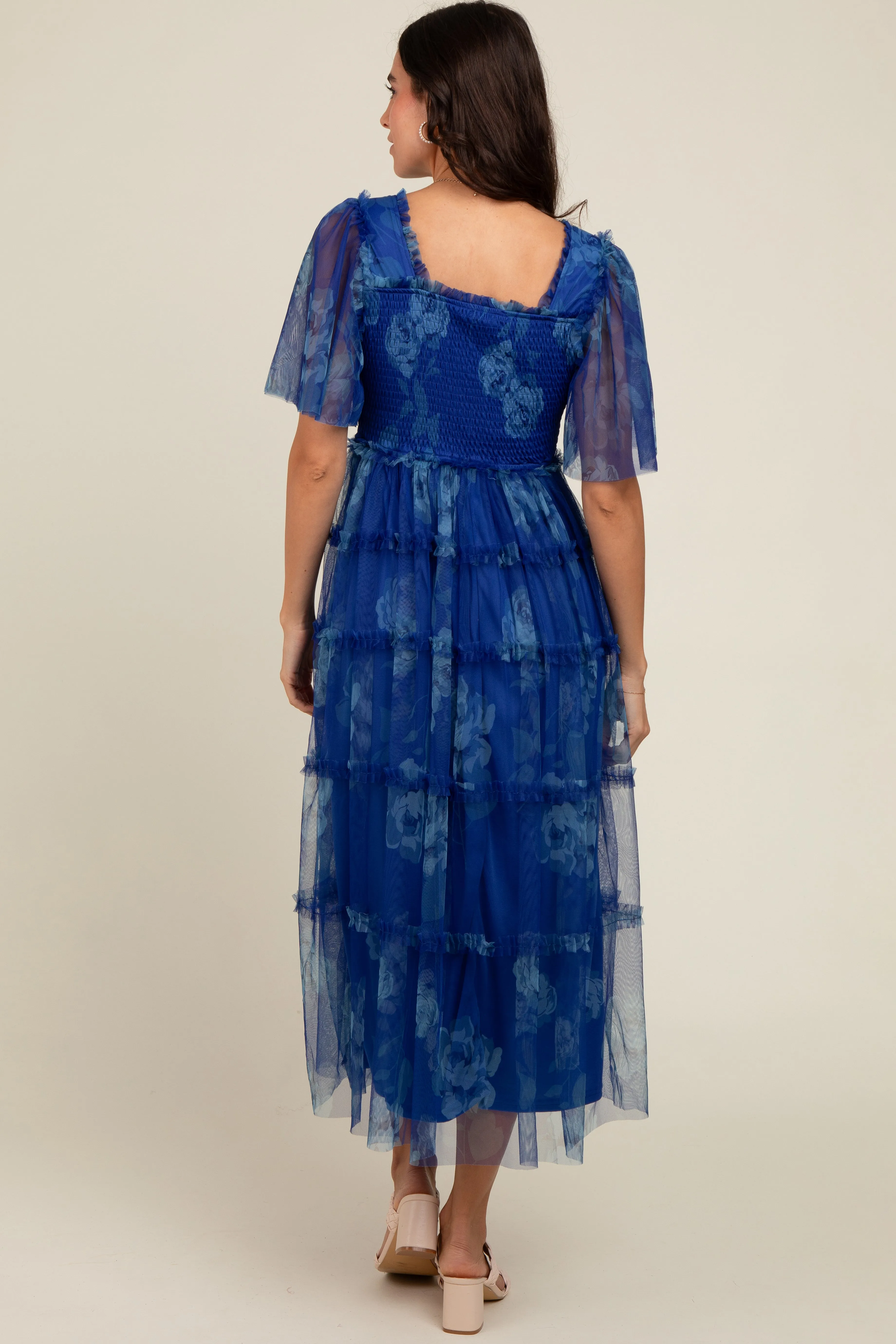 Blue Floral Smocked Tulle Maxi Dress sold by Pinkblush product image thumbnail 4