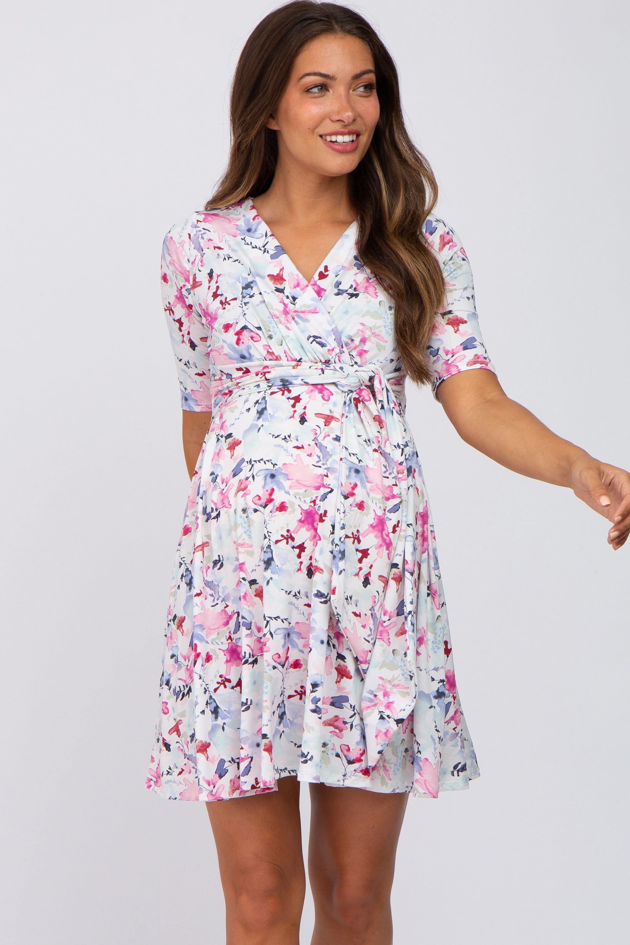 Ivory Floral Waist Tie Maternity Dress sold by Pinkblush product image thumbnail 2