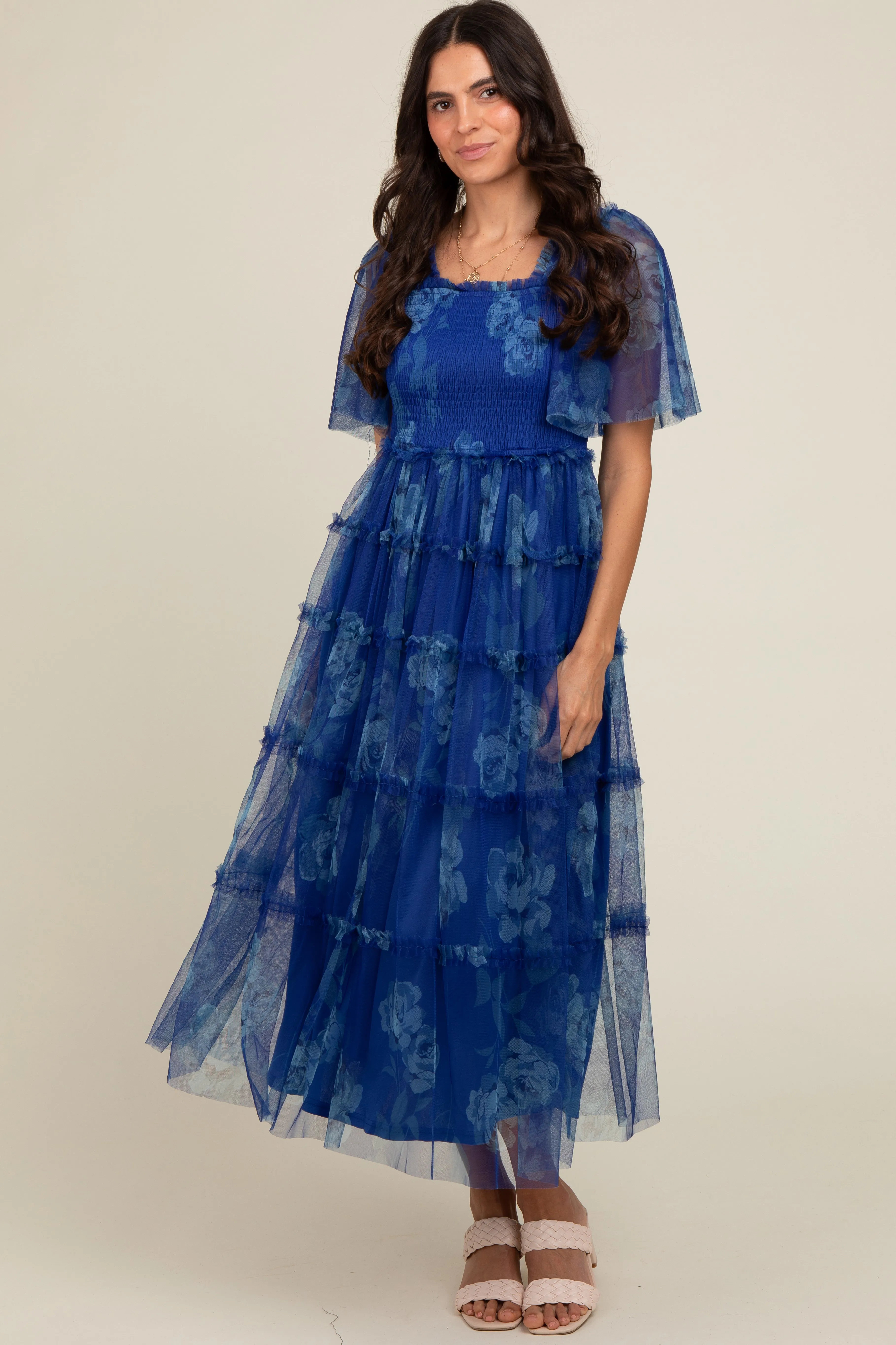 Blue Floral Smocked Tulle Maxi Dress sold by Pinkblush