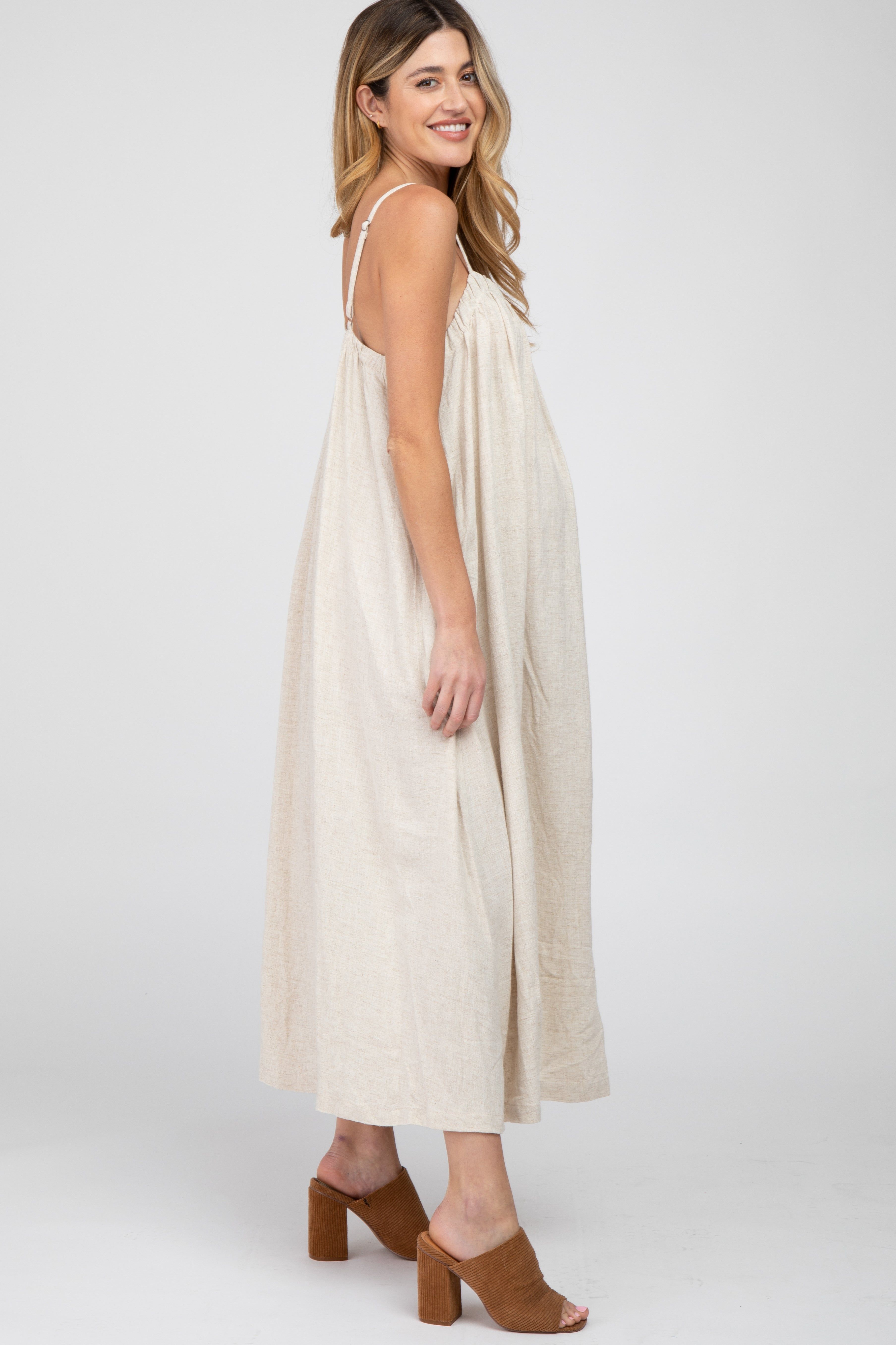 Beige Square Neck Linen Sleeveless Maternity Maxi Dress sold by Pinkblush product image thumbnail 2