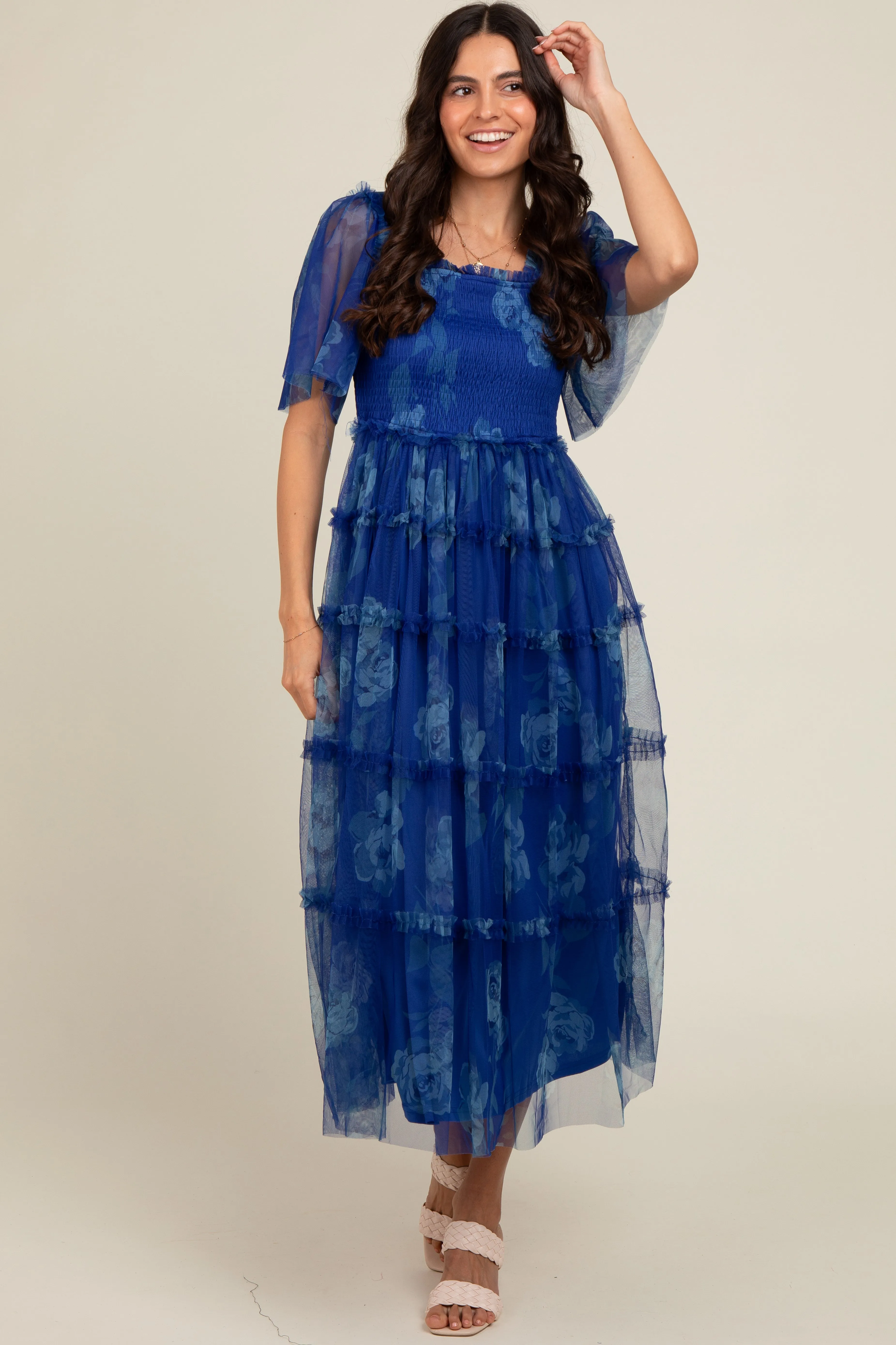 Blue Floral Smocked Tulle Maxi Dress sold by Pinkblush product image thumbnail 2