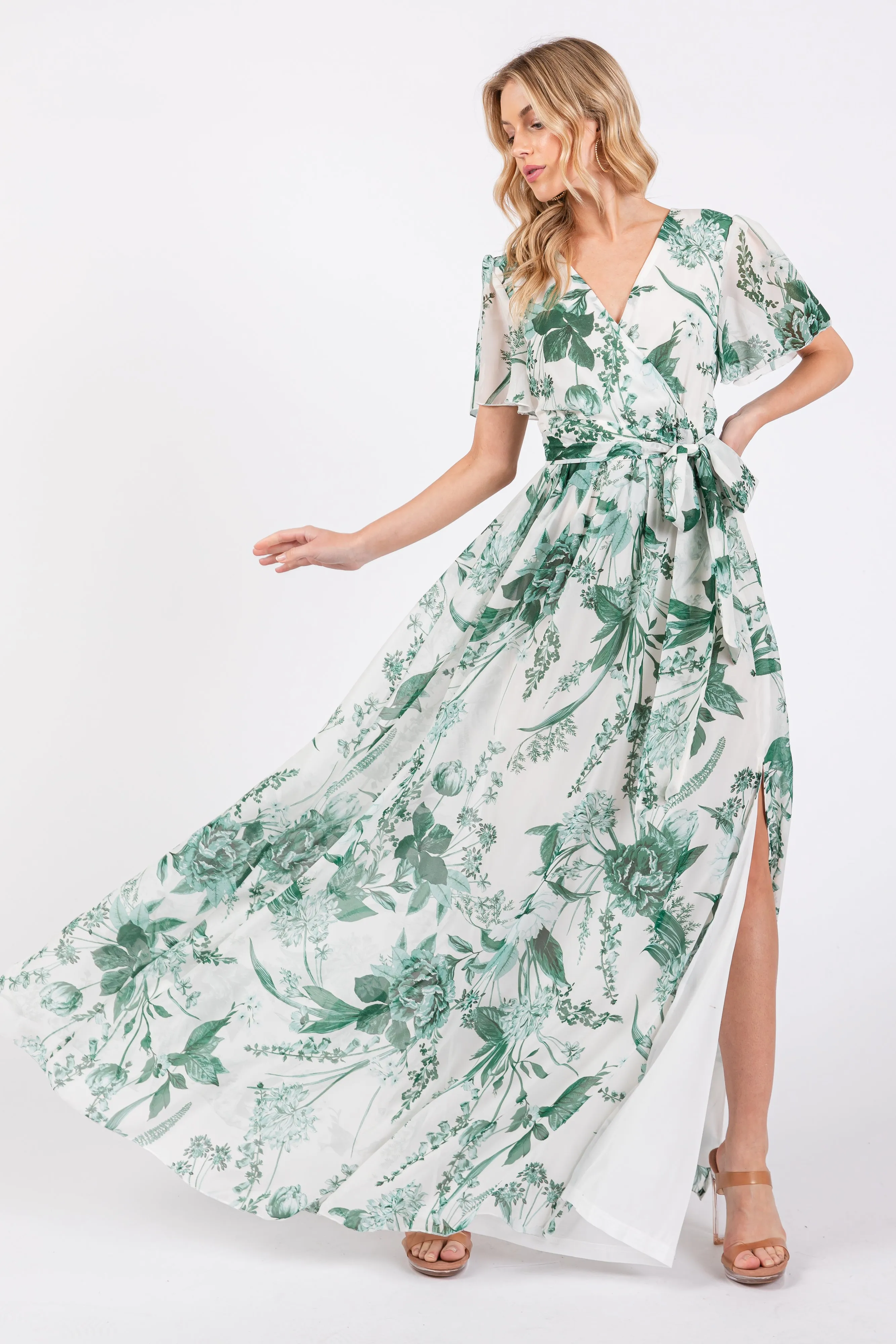Forest Green Floral Side Slit Wrap Maxi Dress sold by Pinkblush product image thumbnail 4