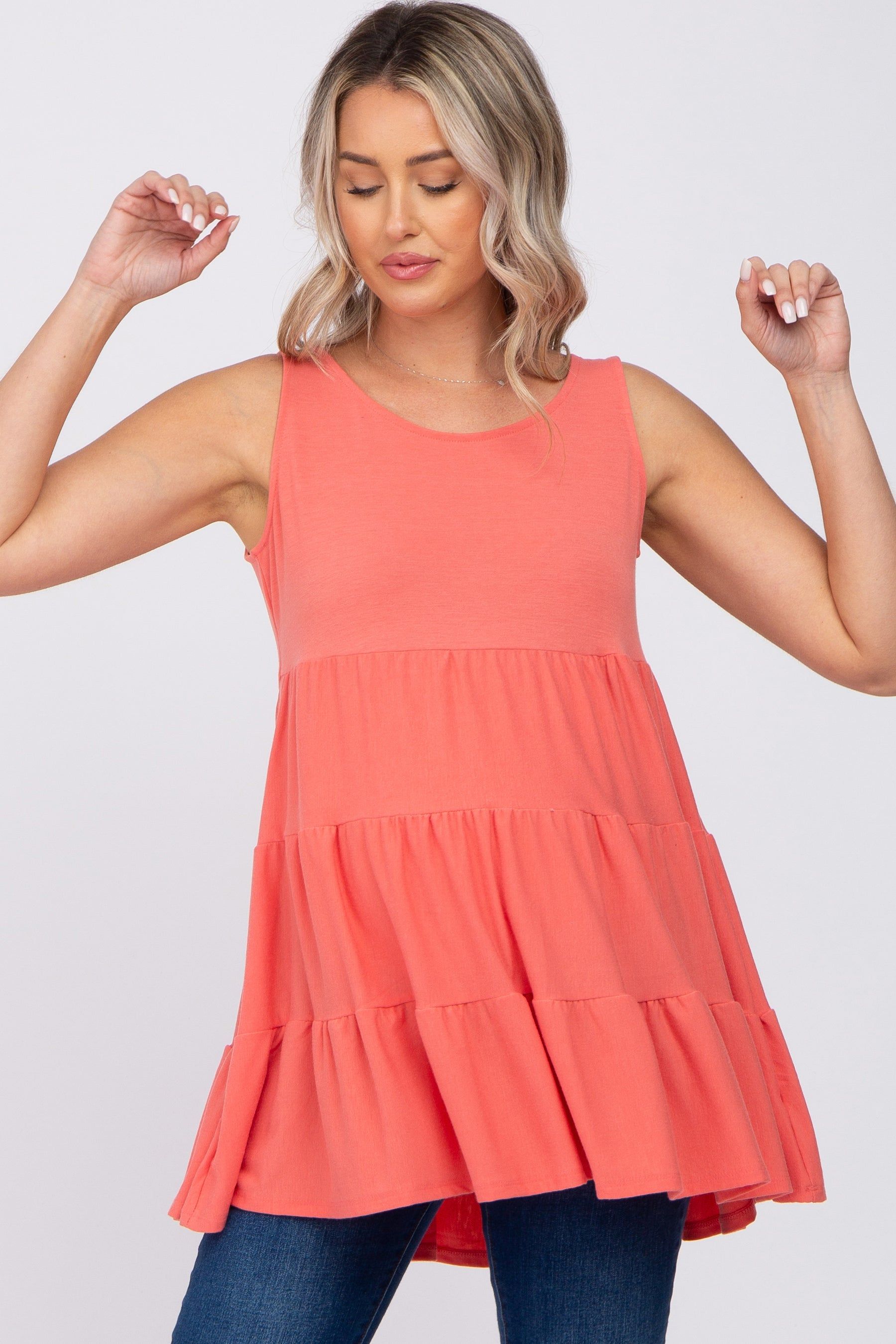 Coral Tiered Sleeveless Maternity Top sold by Pinkblush
