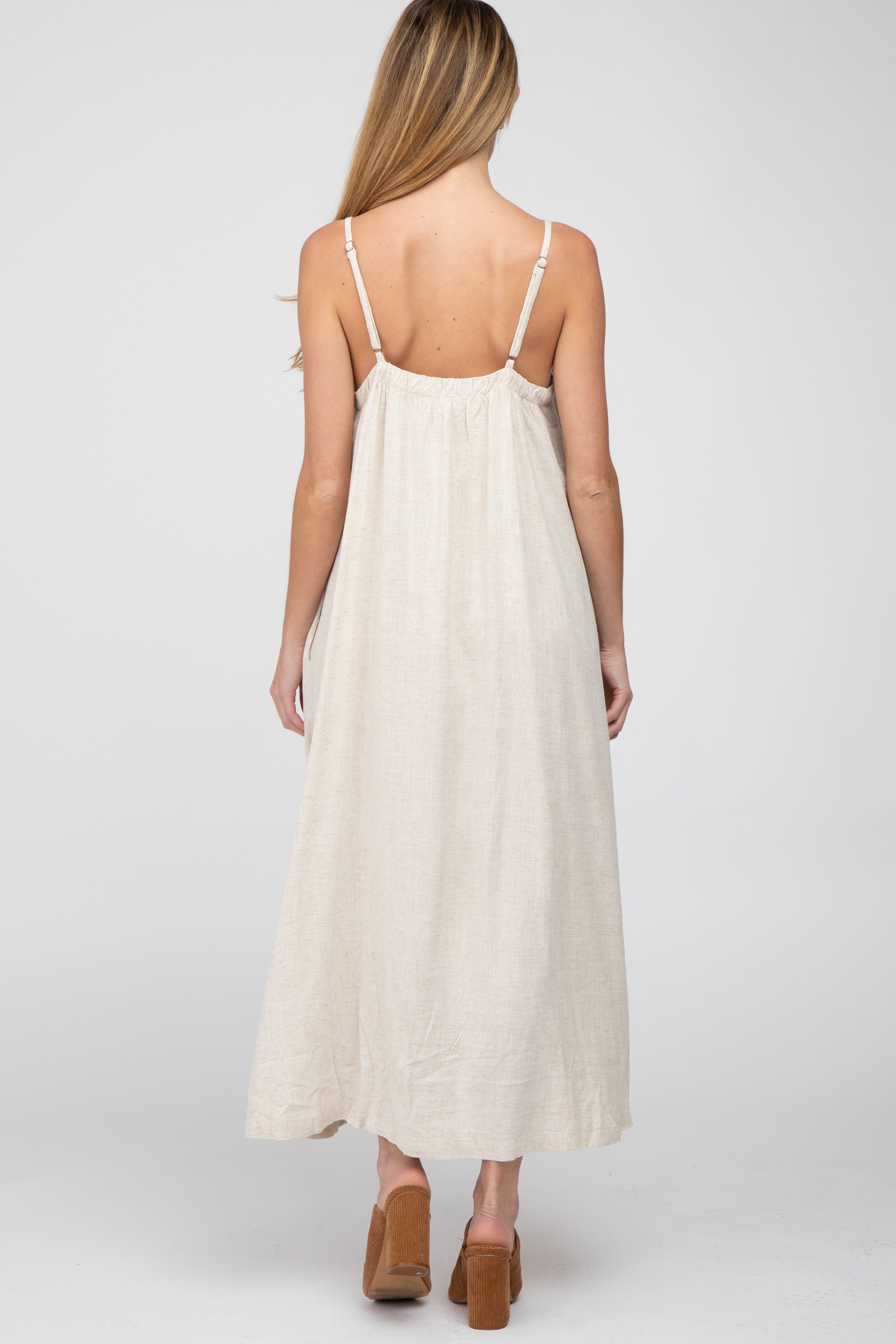 Beige Square Neck Linen Sleeveless Maternity Maxi Dress sold by Pinkblush product image thumbnail 3