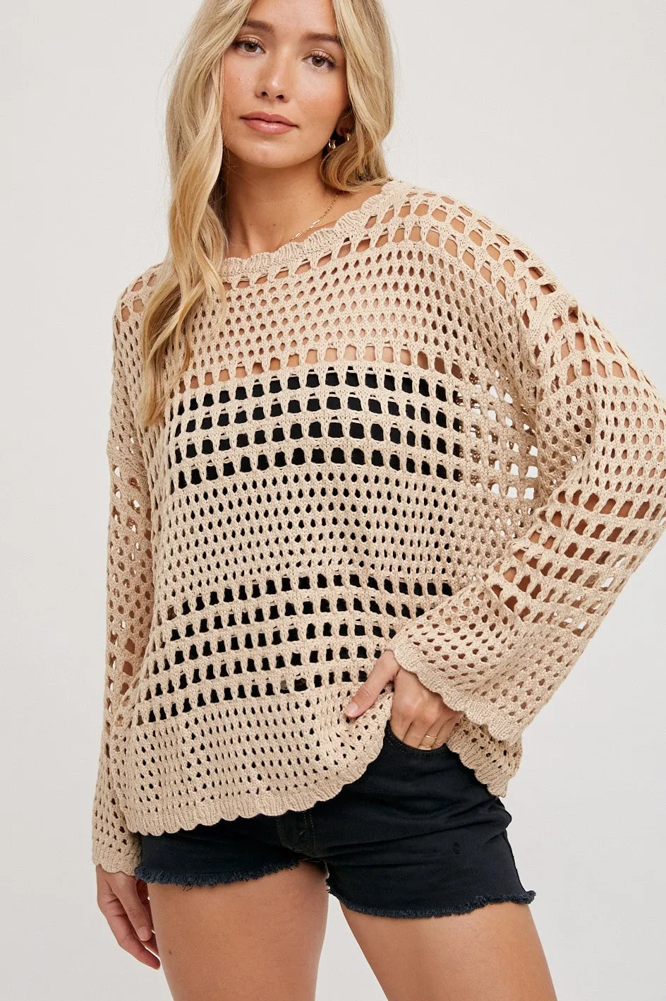 Taupe Open-Knit Sweater Pullover sold by Pinkblush