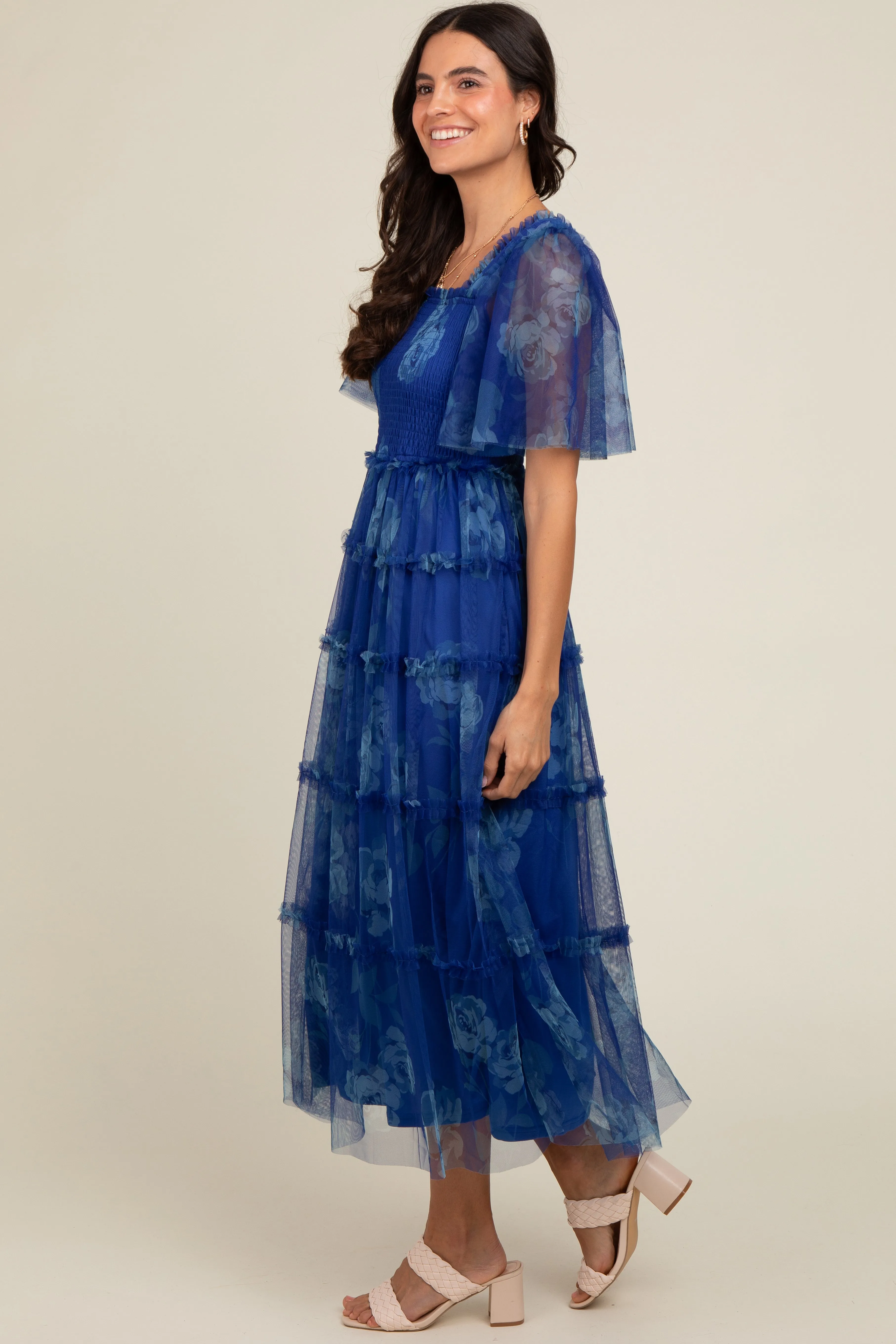 Blue Floral Smocked Tulle Maxi Dress sold by Pinkblush product image thumbnail 3