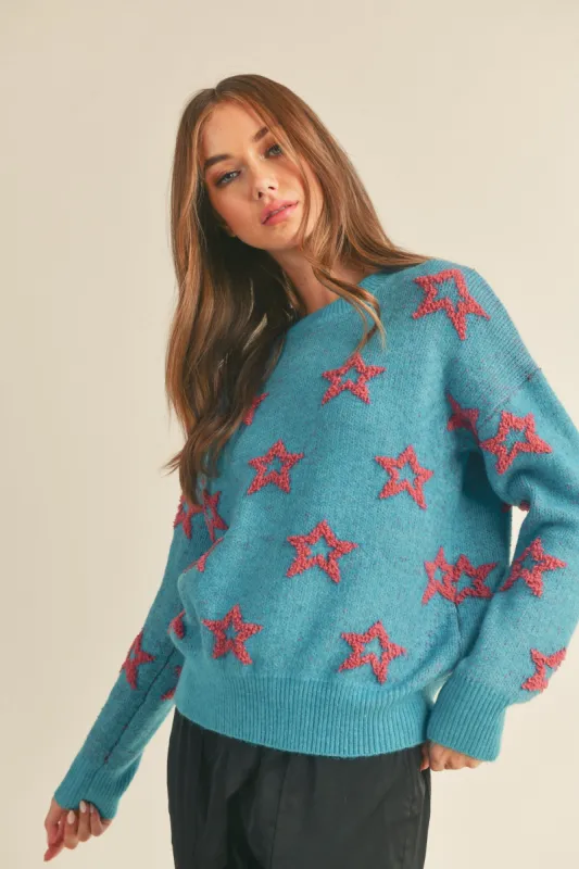 Blue Crew Neck Sweater With Fuzzy Stars sold by Pinkblush