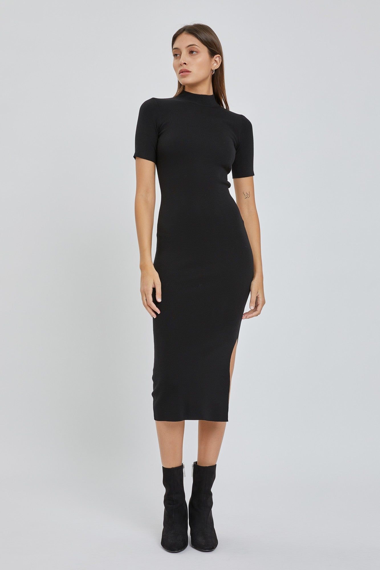 Black Knit Fitted Mock Neck Midi Dress sold by Pinkblush product image thumbnail 4