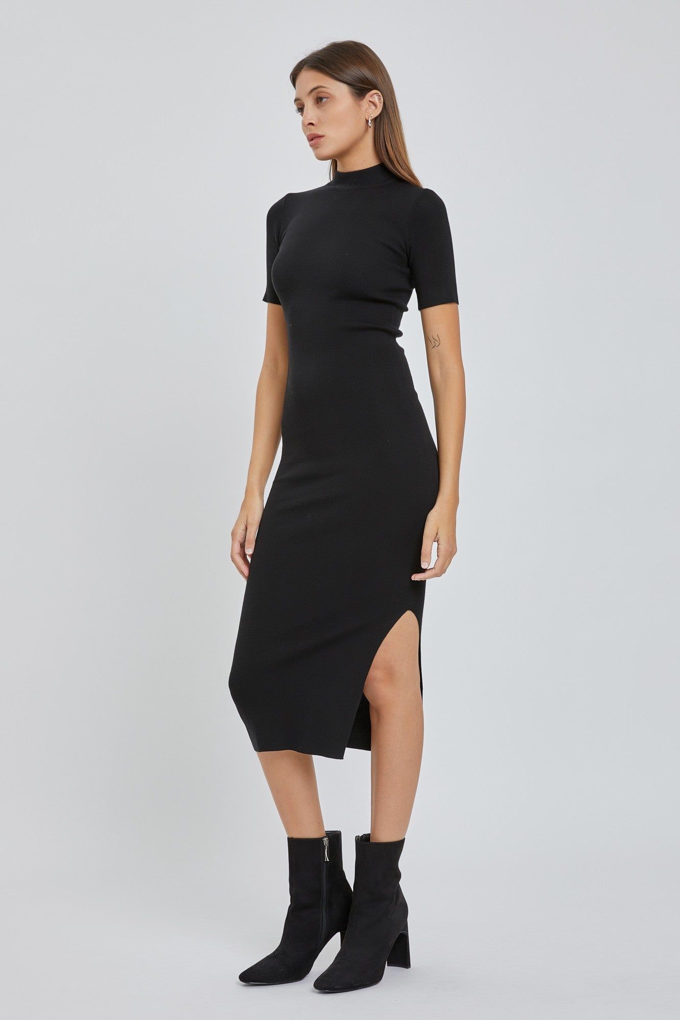 Black Knit Fitted Mock Neck Midi Dress sold by Pinkblush product image thumbnail 2
