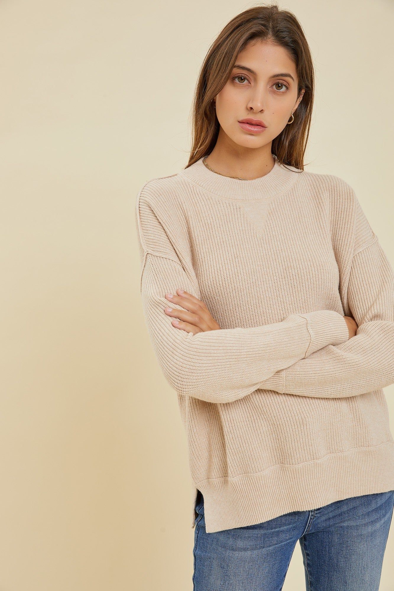 Beige Knit Side Slit Sweater sold by Pinkblush