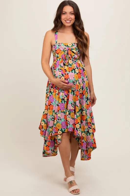 Black Floral Smocked Sleeveless Maternity Midi Dress sold by Pinkblush