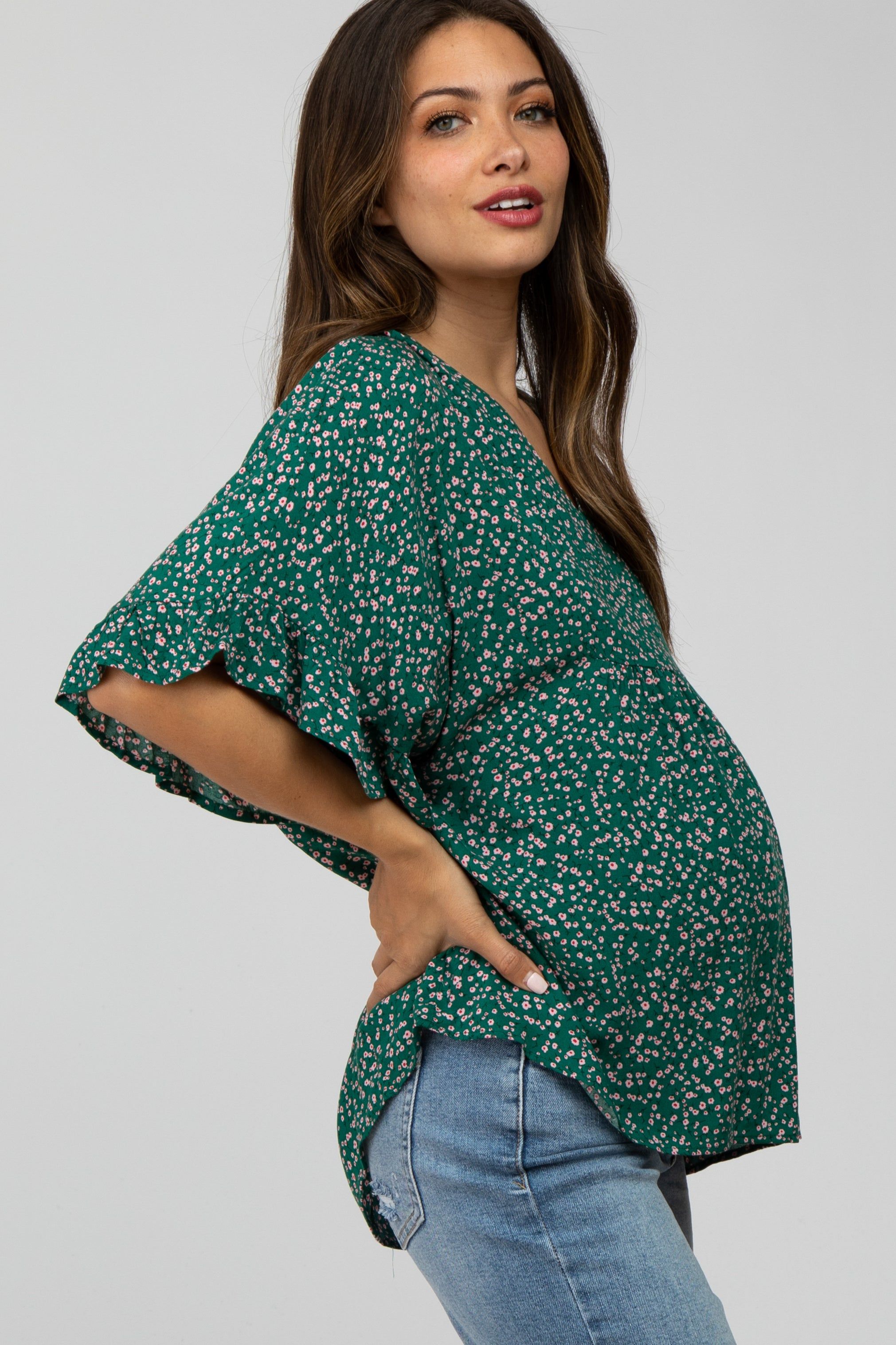 Emerald Green Floral Ruffle Dolman Sleeve Maternity Top sold by Pinkblush product image thumbnail 3
