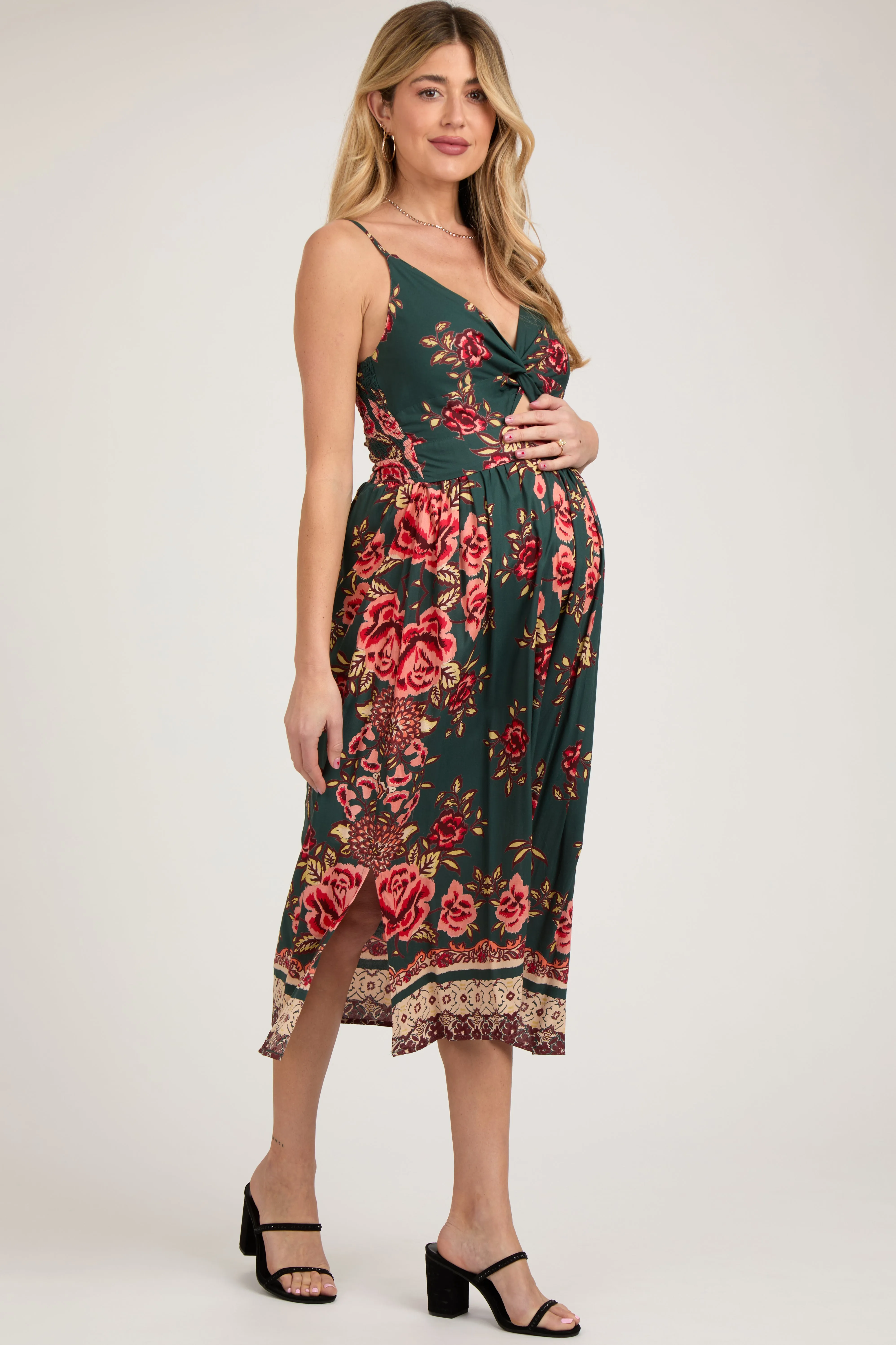 Forest Green Floral V-Neck Front Knot Side Slit Maternity Midi Dress sold by Pinkblush product image thumbnail 3