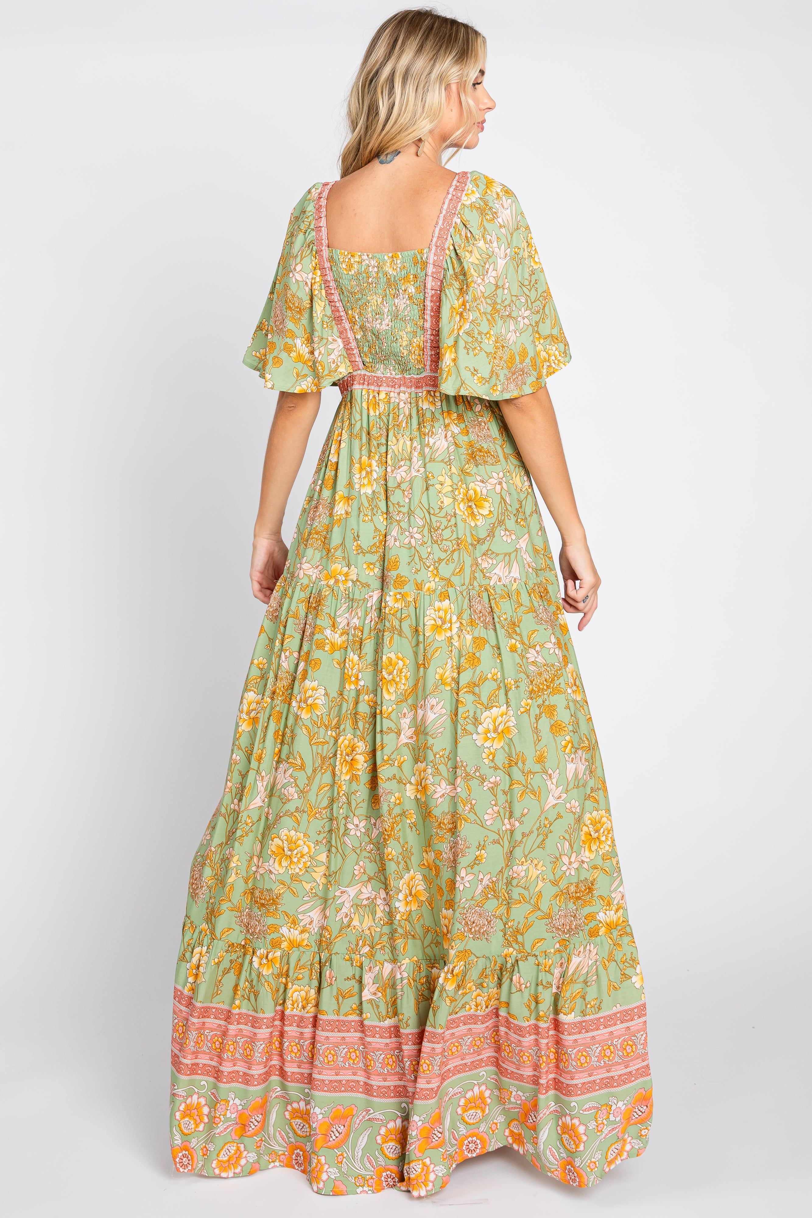 Light Olive Floral V-Neck Maxi Dress sold by Pinkblush product image thumbnail 3