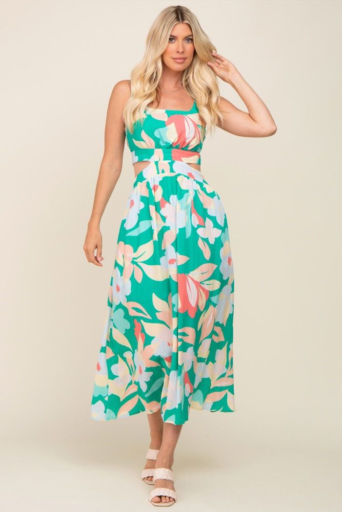 Green Floral Cutout Back Maxi Dress sold by Pinkblush