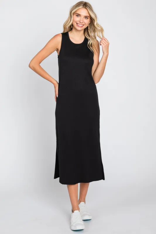 Black Basic Ribbed Side Slit Midi Dress sold by Pinkblush