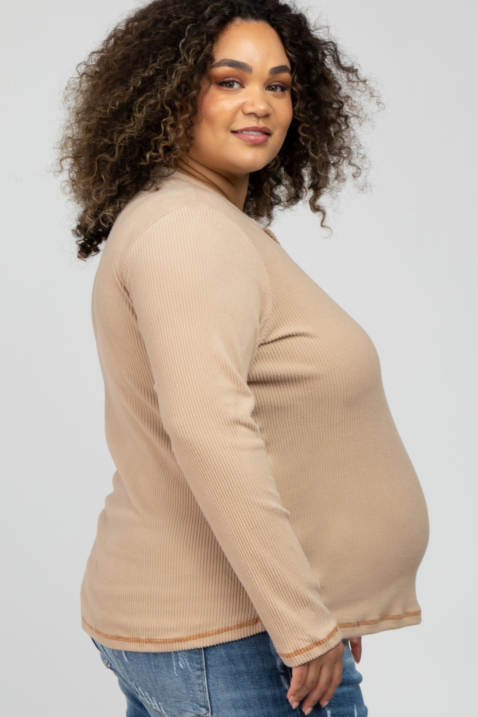 Beige Ribbed Top Stitch Long Sleeve Plus Maternity Top sold by Pinkblush product image thumbnail 3
