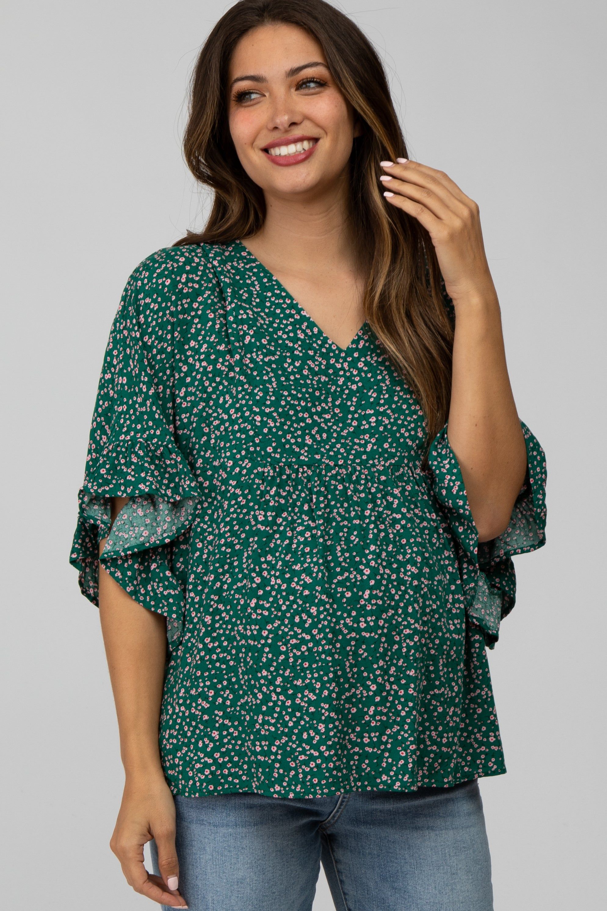 Emerald Green Floral Ruffle Dolman Sleeve Maternity Top sold by Pinkblush