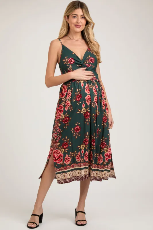 Forest Green Floral V-Neck Front Knot Side Slit Maternity Midi Dress sold by Pinkblush