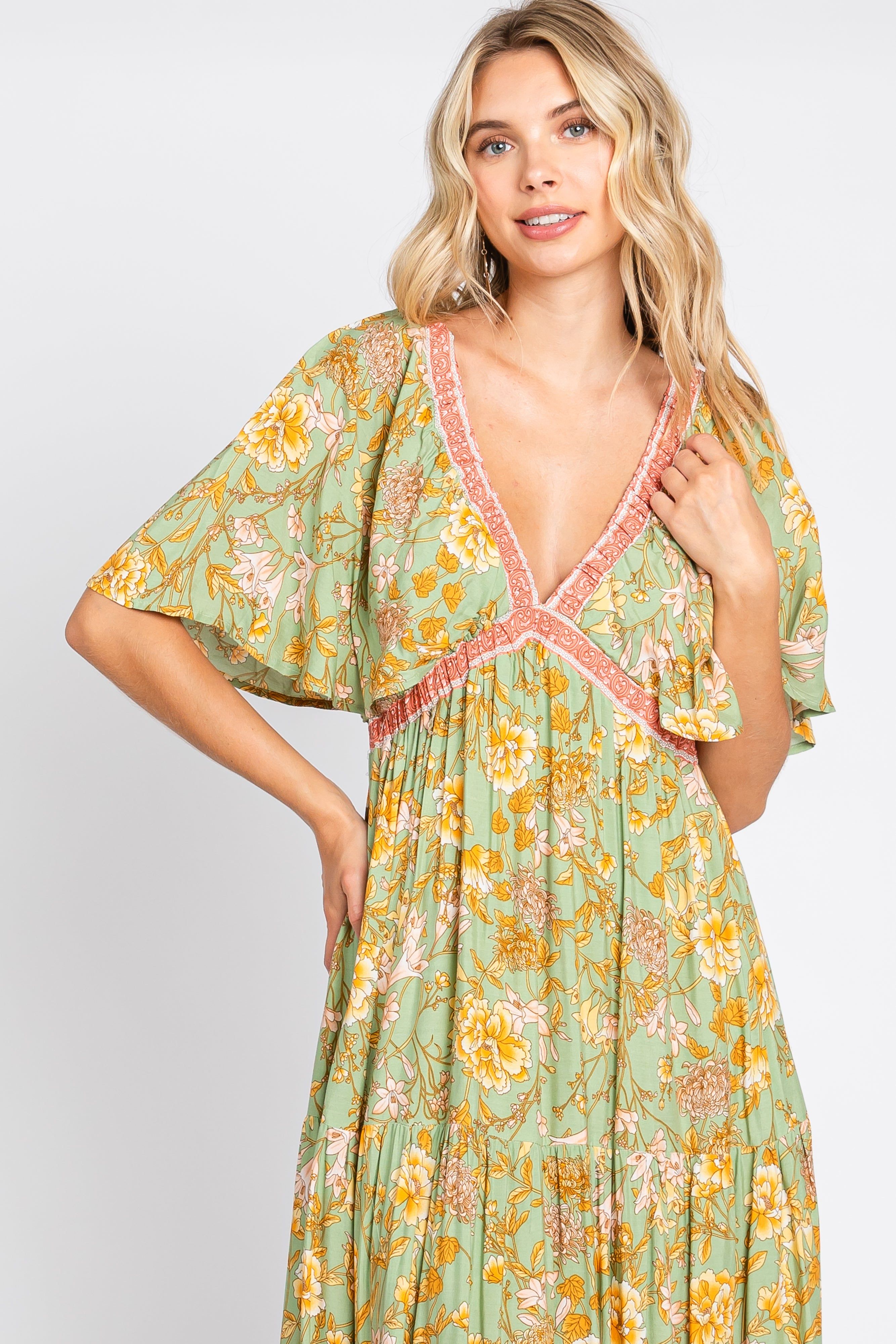 Light Olive Floral V-Neck Maxi Dress sold by Pinkblush product image thumbnail 4