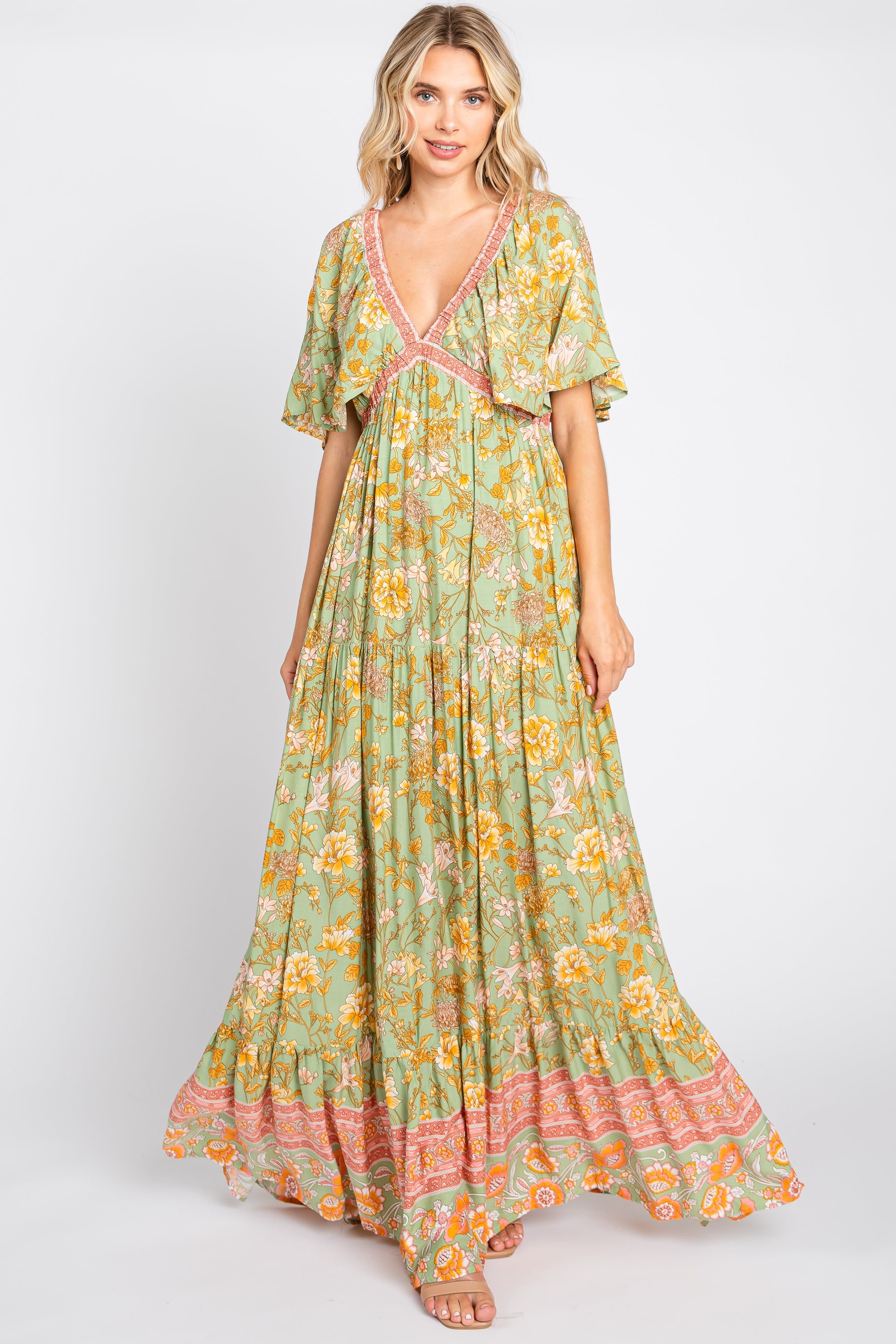 Light Olive Floral V-Neck Maxi Dress sold by Pinkblush