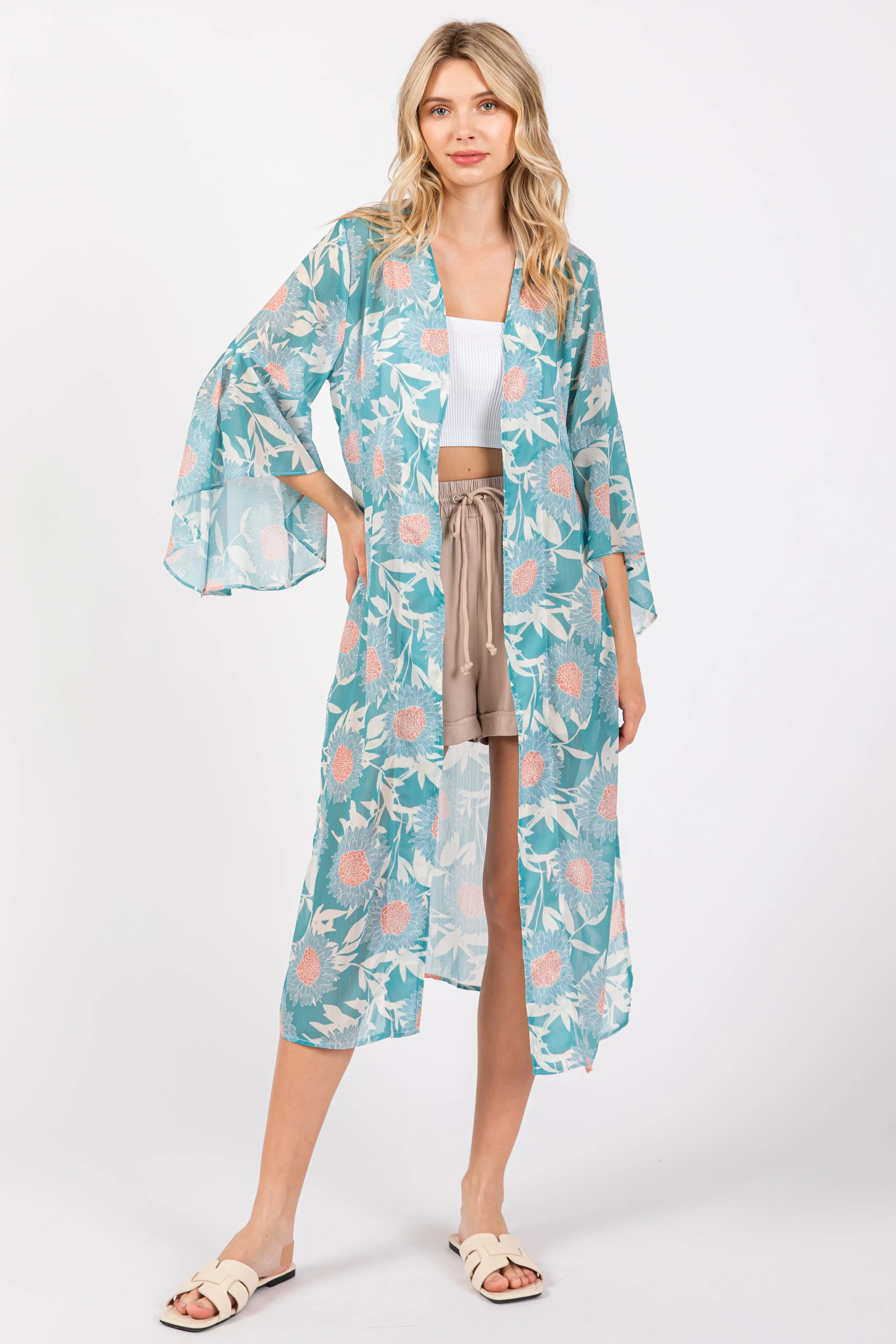 Teal Floral Bell Sleeve Cover-Up sold by Pinkblush