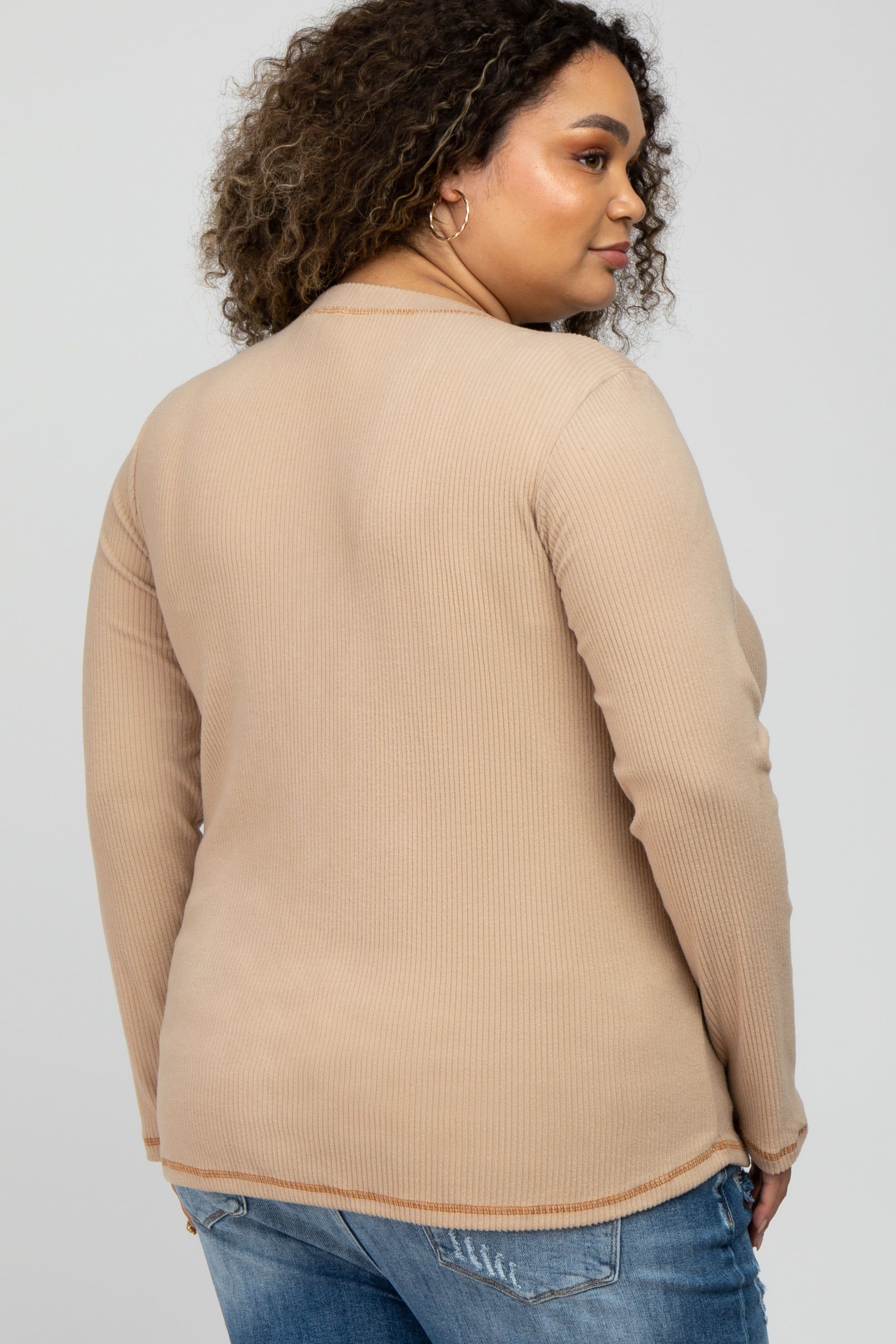 Beige Ribbed Top Stitch Long Sleeve Plus Maternity Top sold by Pinkblush product image thumbnail 4