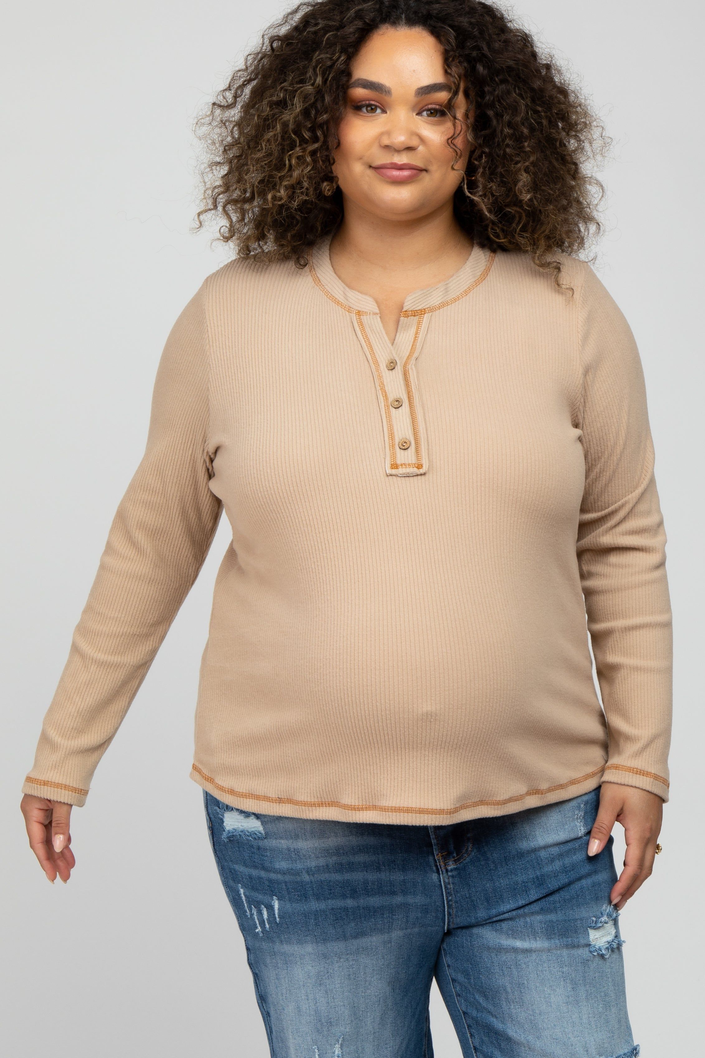 Beige Ribbed Top Stitch Long Sleeve Plus Maternity Top sold by Pinkblush