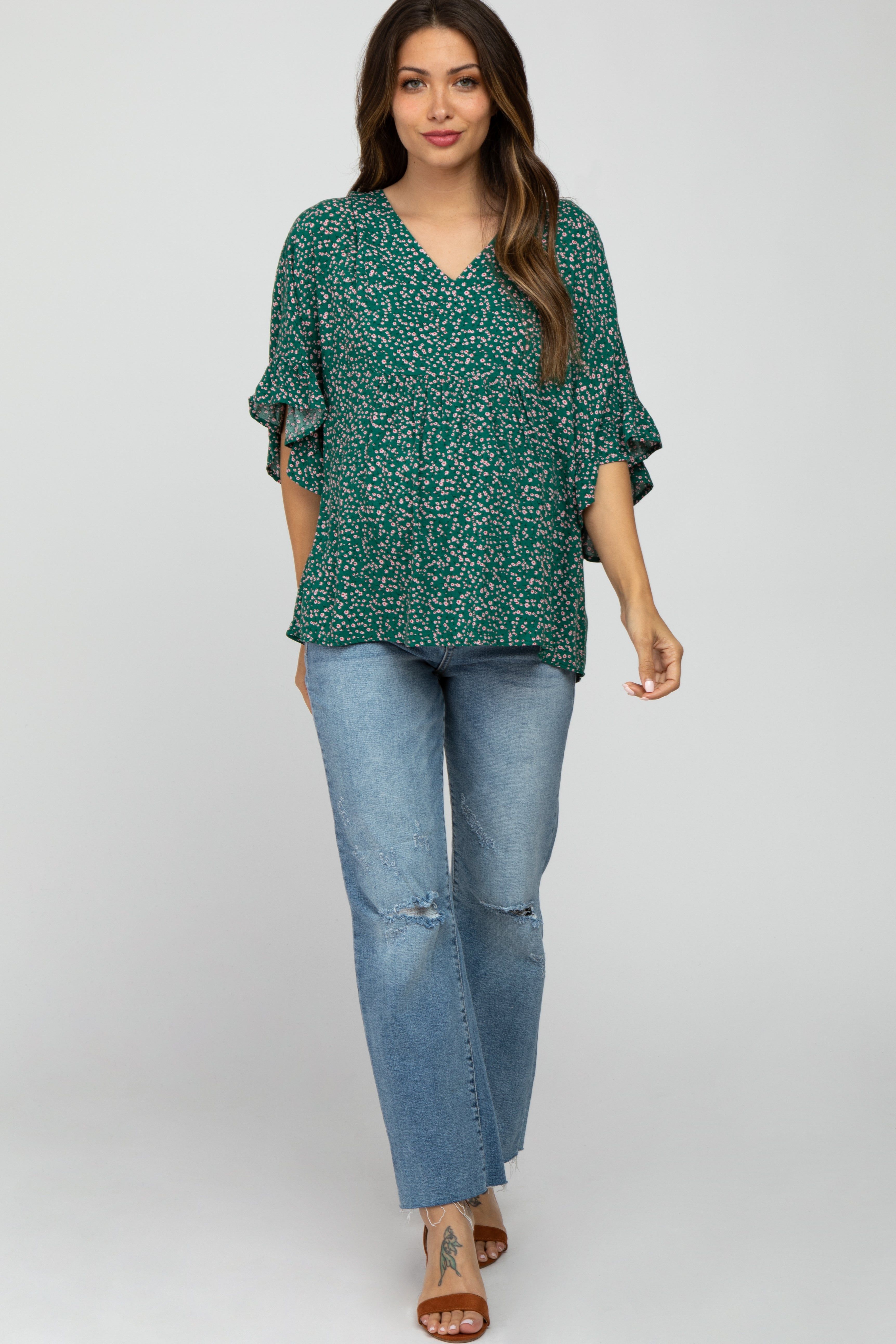 Emerald Green Floral Ruffle Dolman Sleeve Maternity Top sold by Pinkblush product image thumbnail 2
