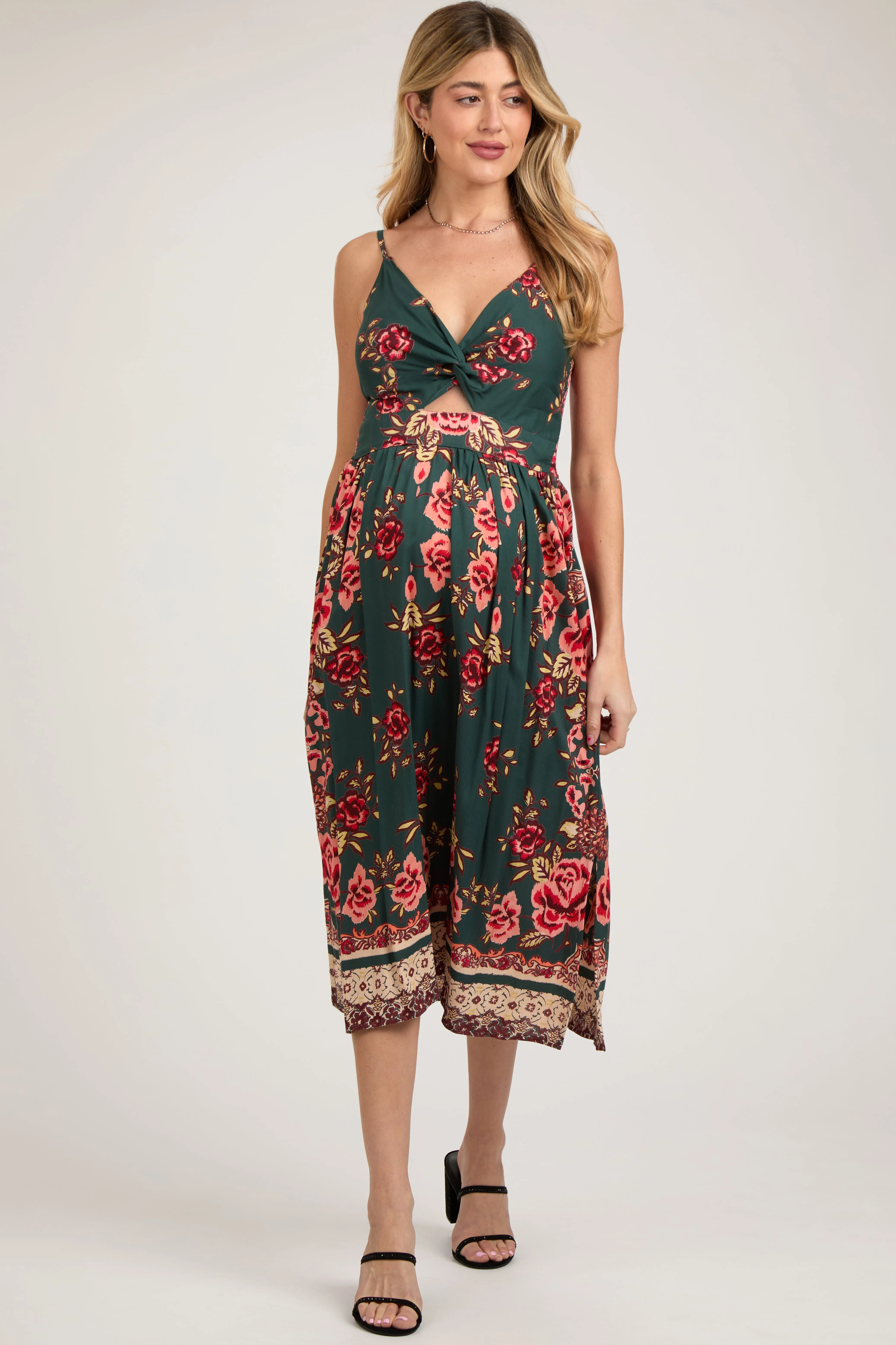 Forest Green Floral V-Neck Front Knot Side Slit Maternity Midi Dress sold by Pinkblush product image thumbnail 2