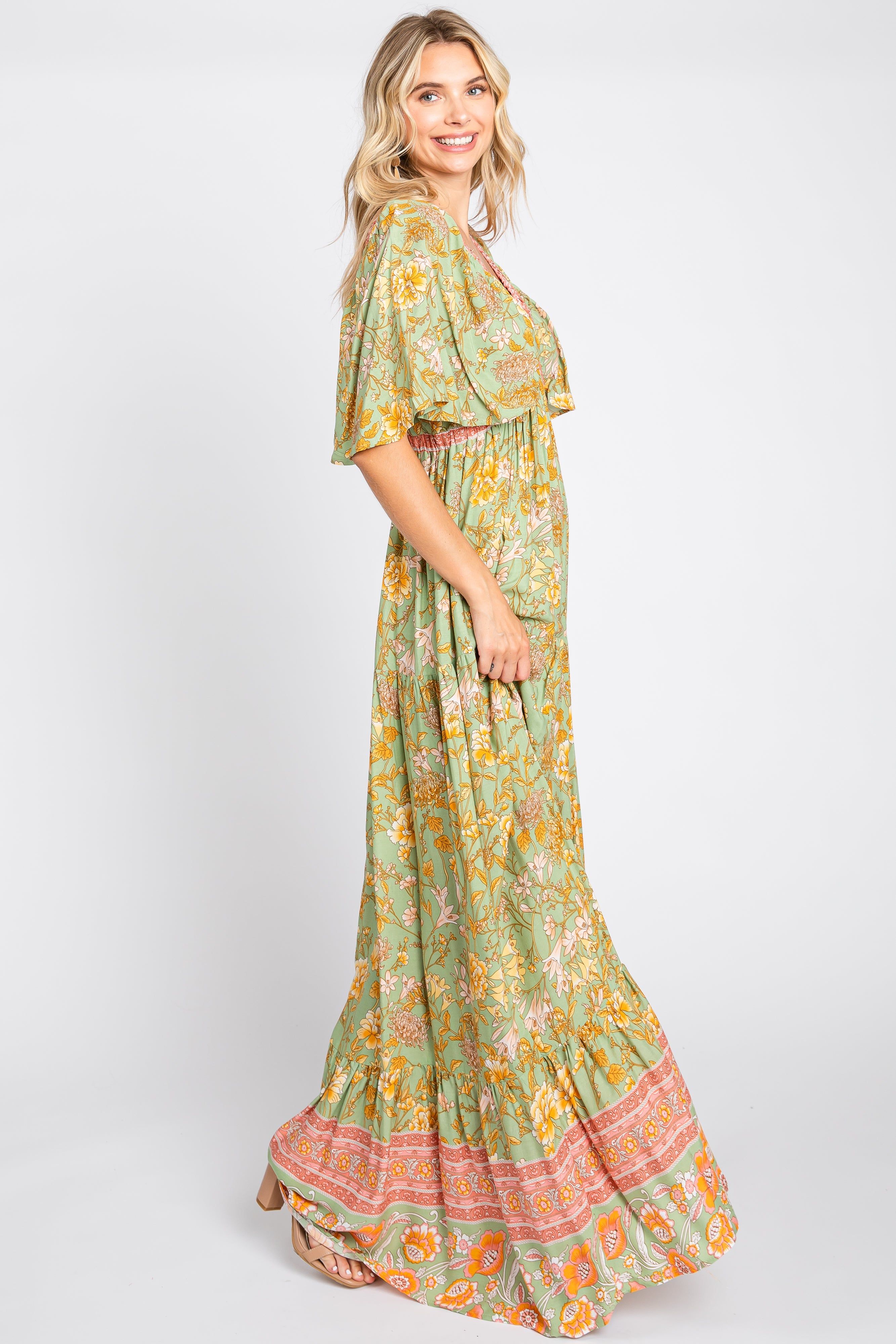 Light Olive Floral V-Neck Maxi Dress sold by Pinkblush product image thumbnail 2