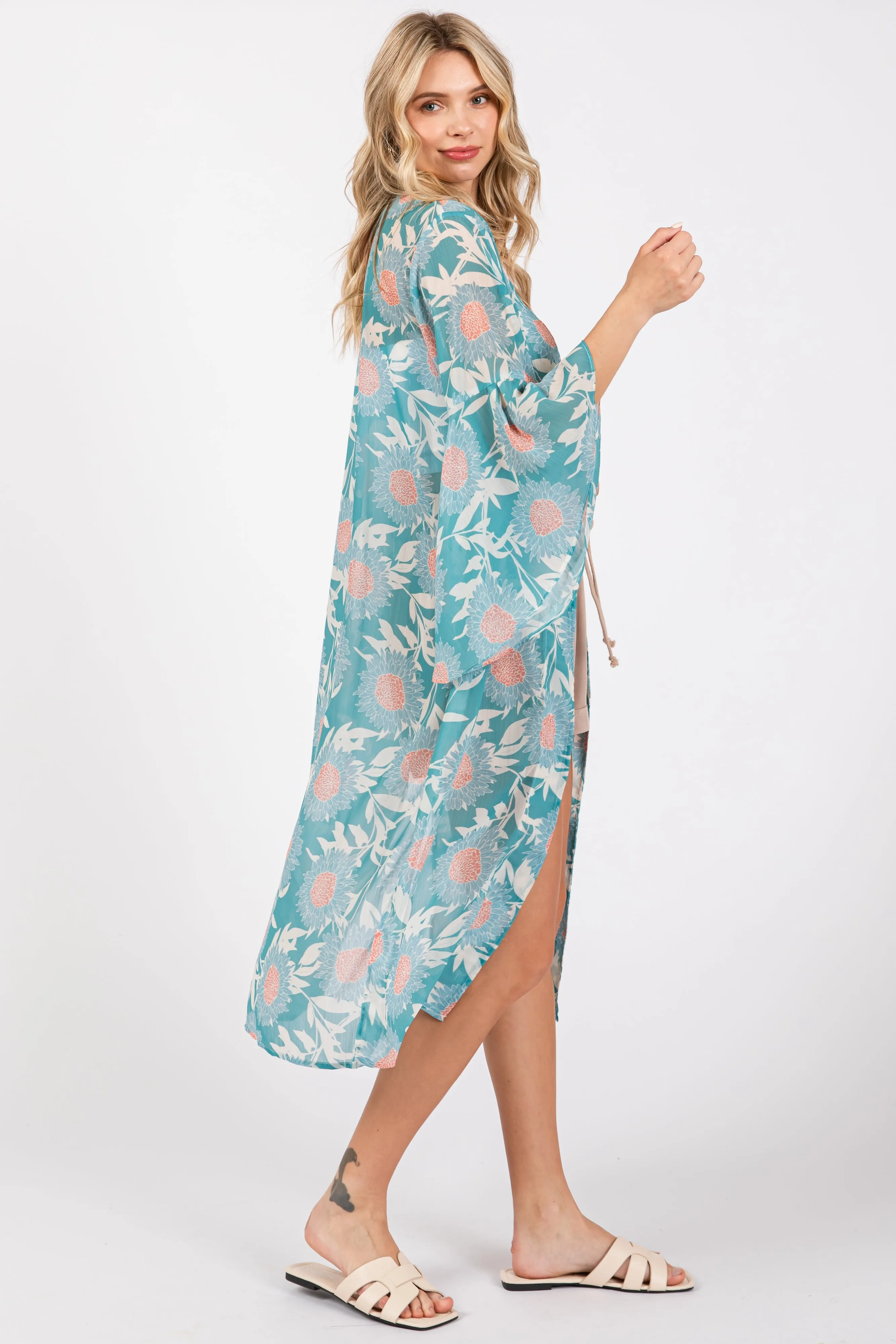 Teal Floral Bell Sleeve Cover-Up sold by Pinkblush product image thumbnail 2
