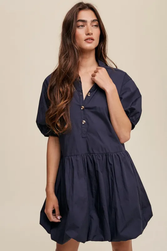 Navy Button Front Bubble Mini Dress sold by Pinkblush