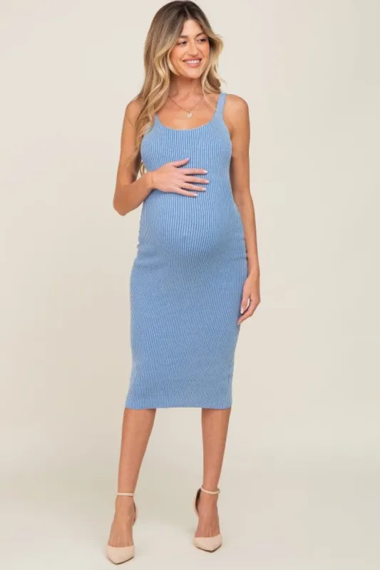 Blue Rib Knit Lace Up Back Maternity Midi Dress sold by Pinkblush