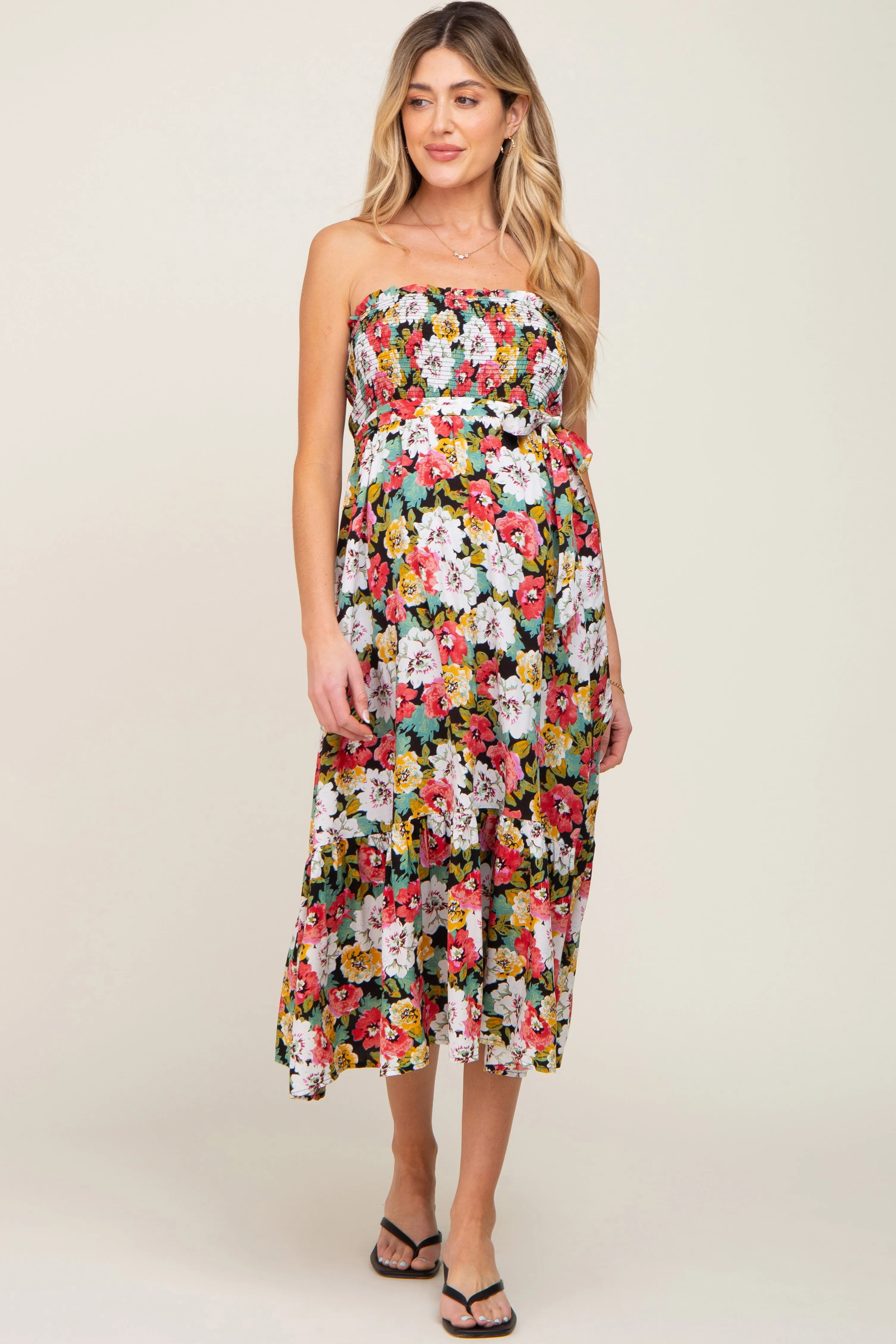 Black Floral Smocked Strapless Maternity Midi Dress sold by Pinkblush product image thumbnail 2